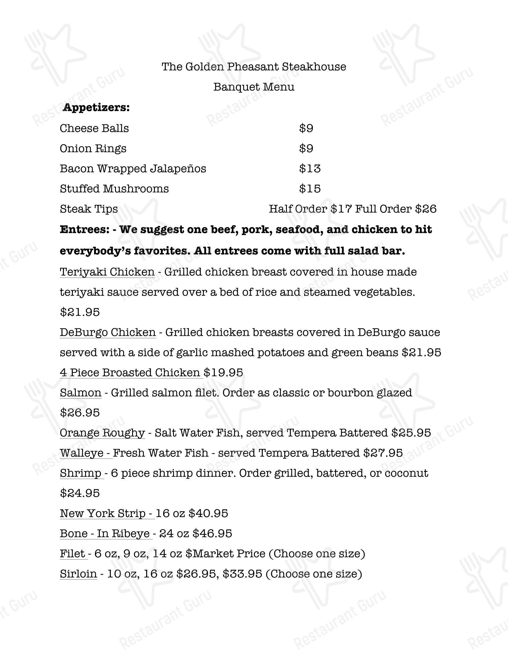 The Golden Pheasant Steakhouse в Ремсене - Меню