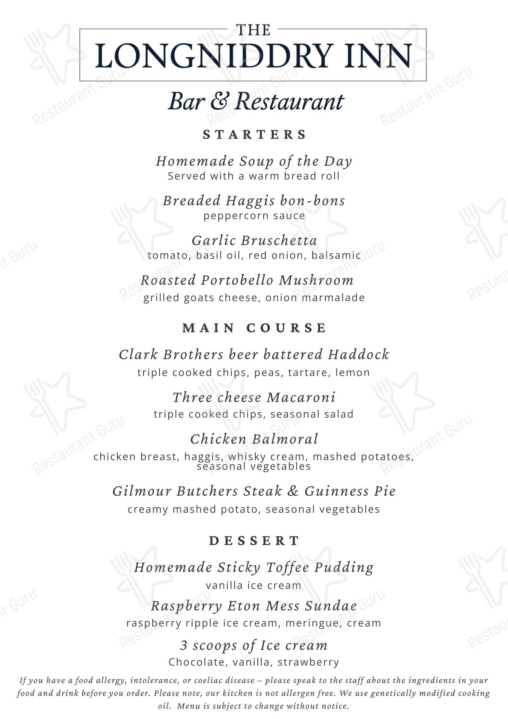 Меню паба и бара The Longniddry Inn в Лонгниддри