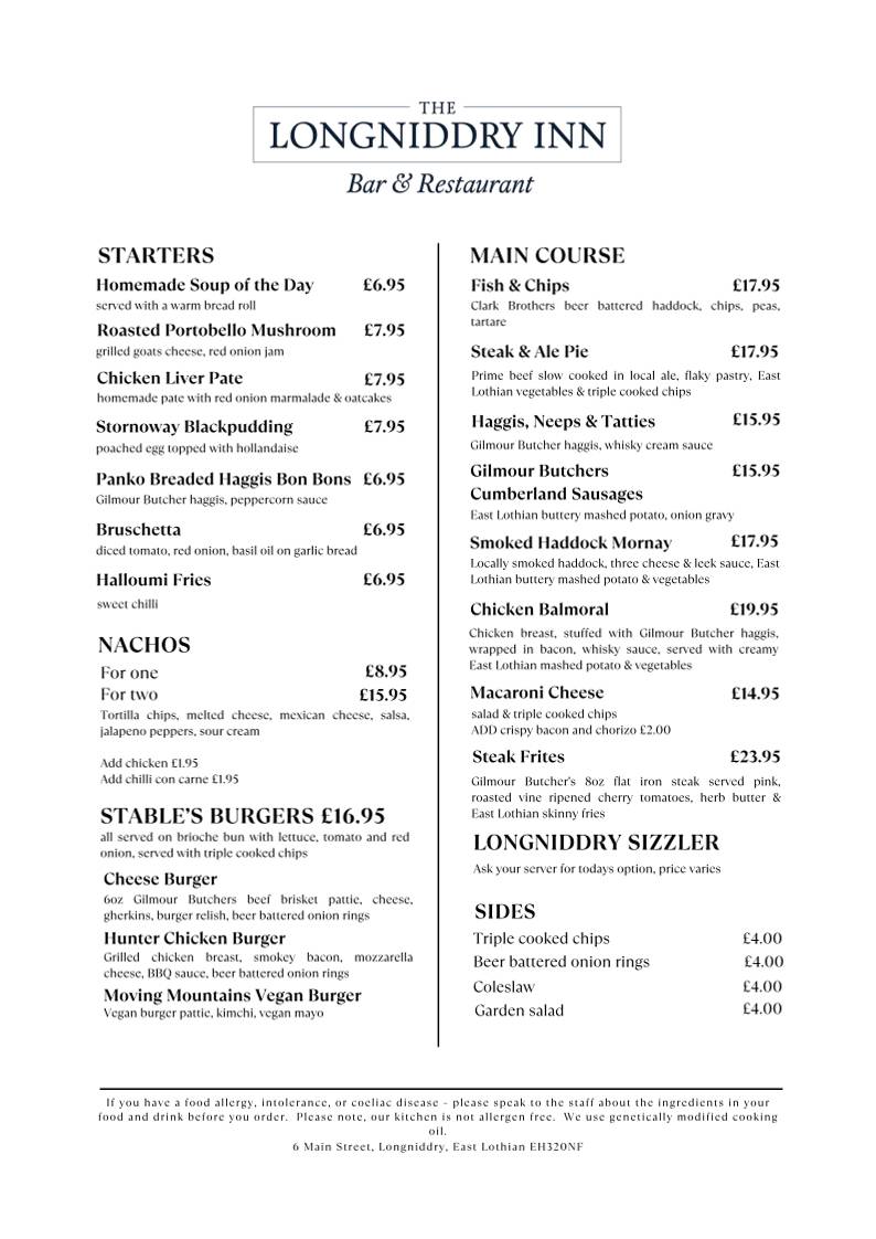The Longniddry Inn меню