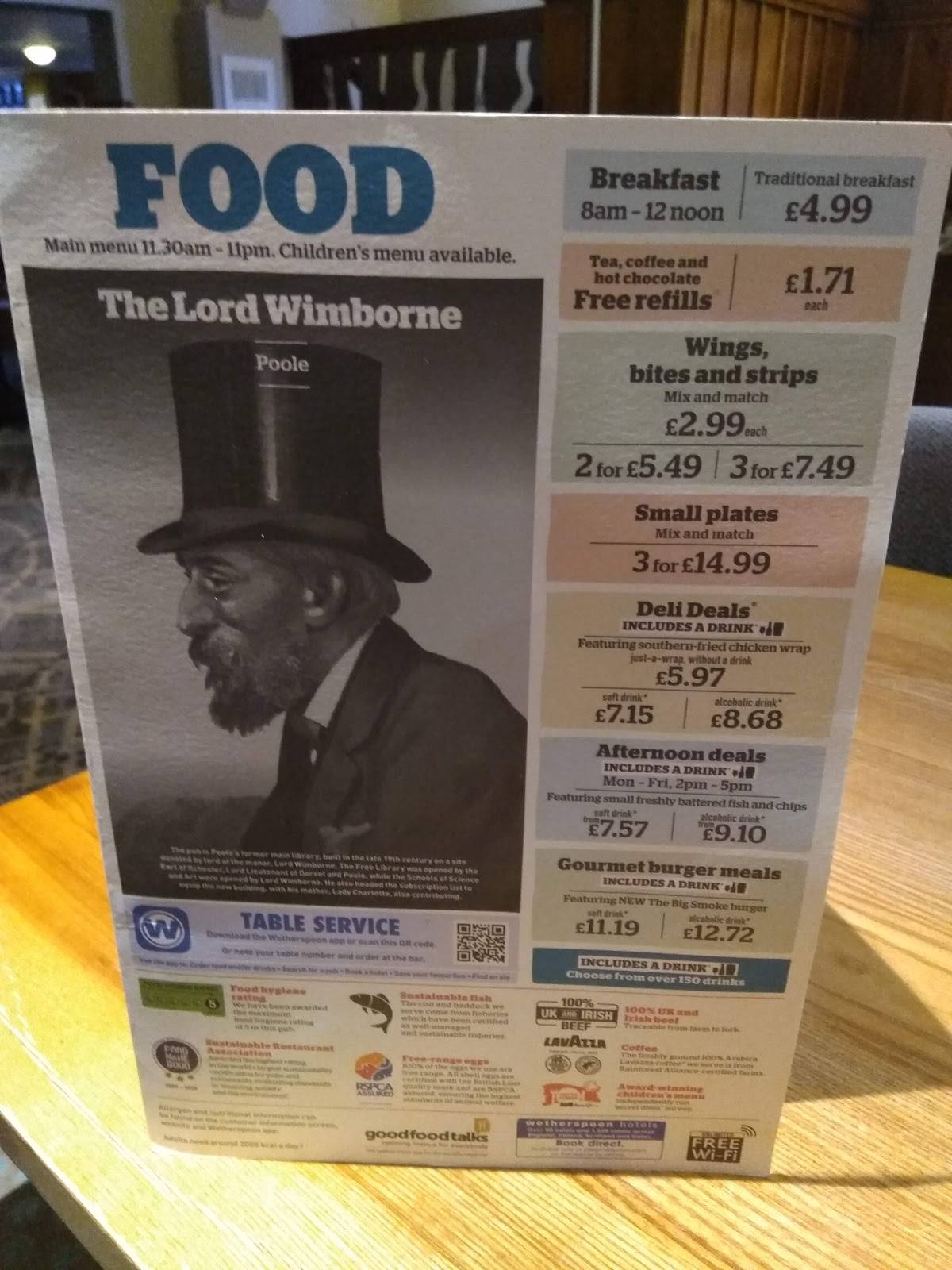 The Lord Wimborne меню