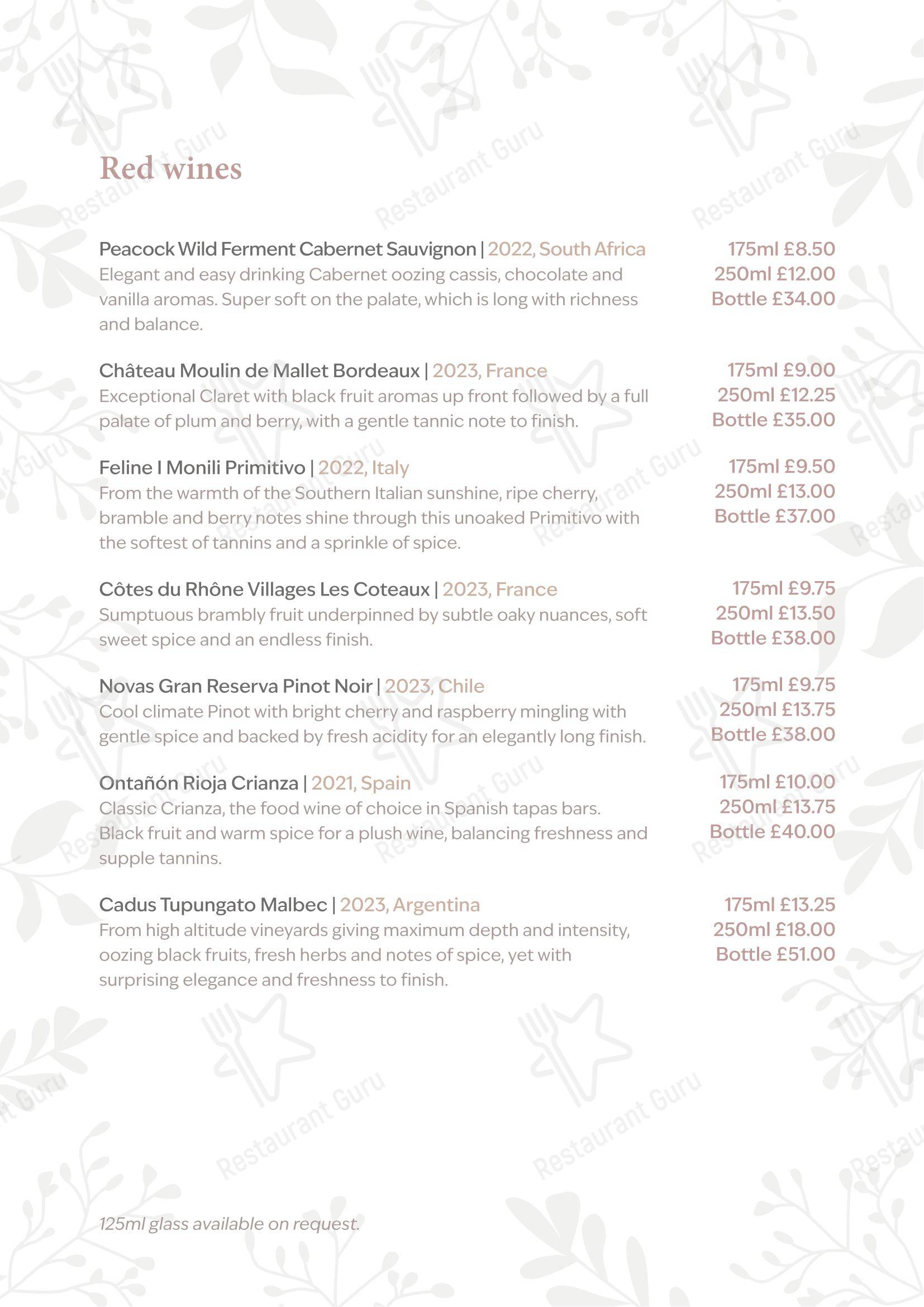 Меню паба и бара The Peacock at Rowsley - Table Menu