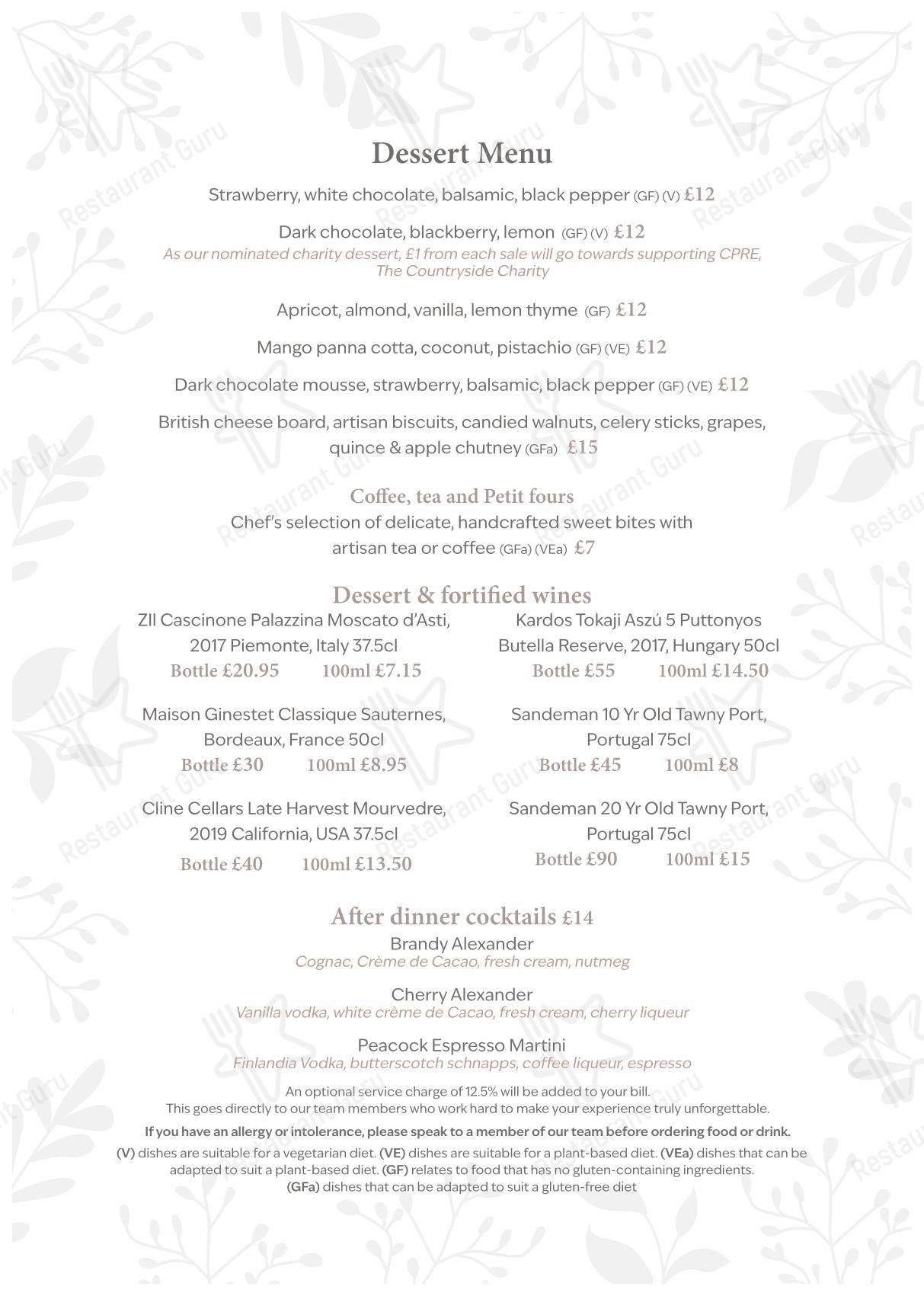 Catering Menu паба и бара The Peacock at Rowsley в Матлоке