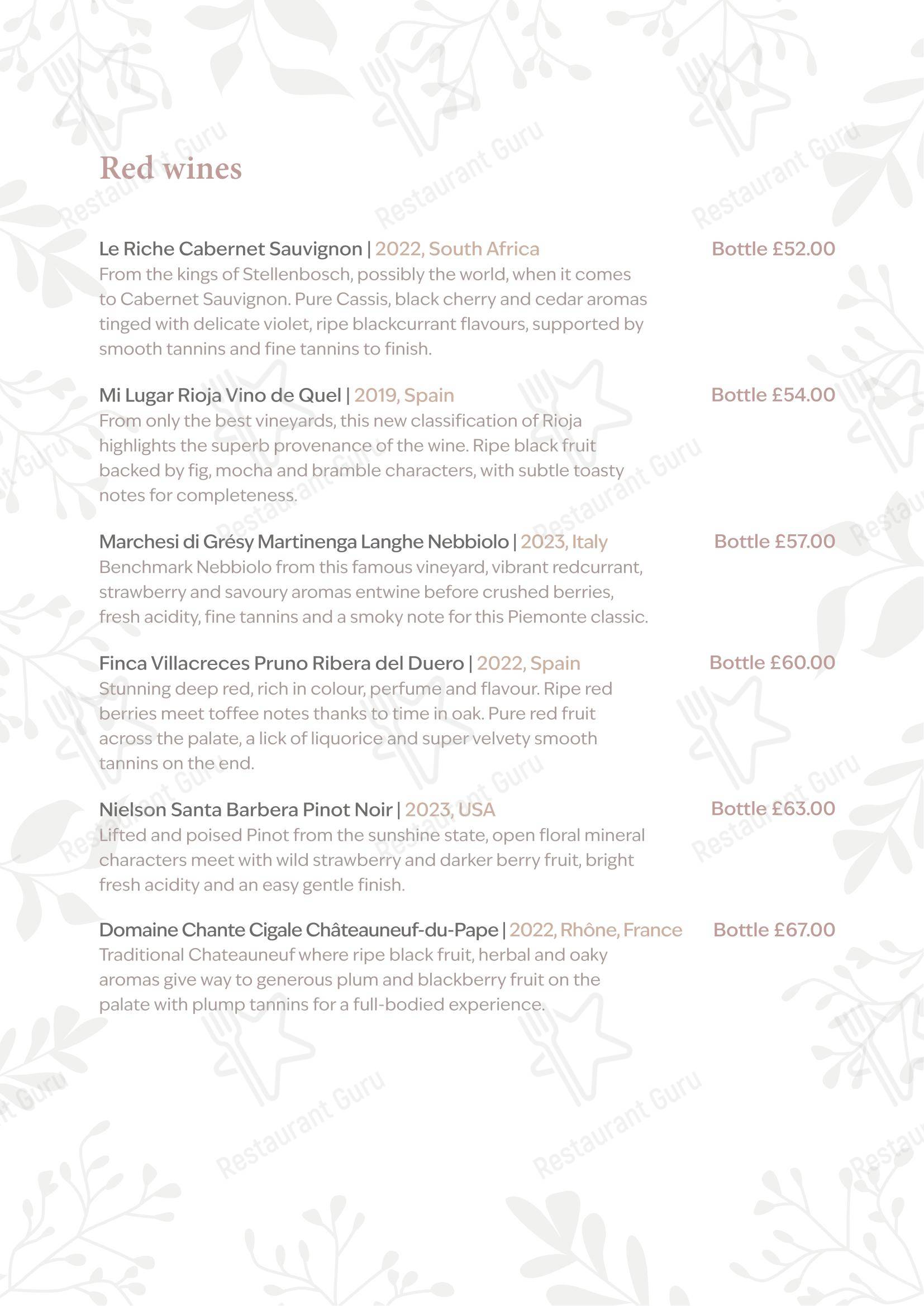 The Peacock at Rowsley в Матлоке - Table Menu
