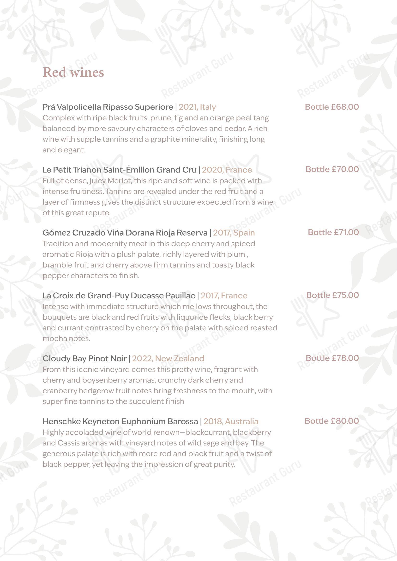 The Peacock at Rowsley в Матлоке - Table Menu