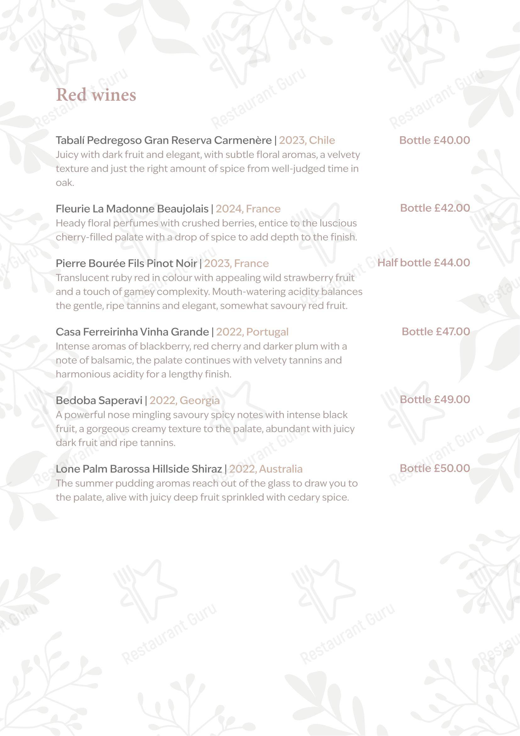 Меню паба и бара The Peacock at Rowsley - Table Menu