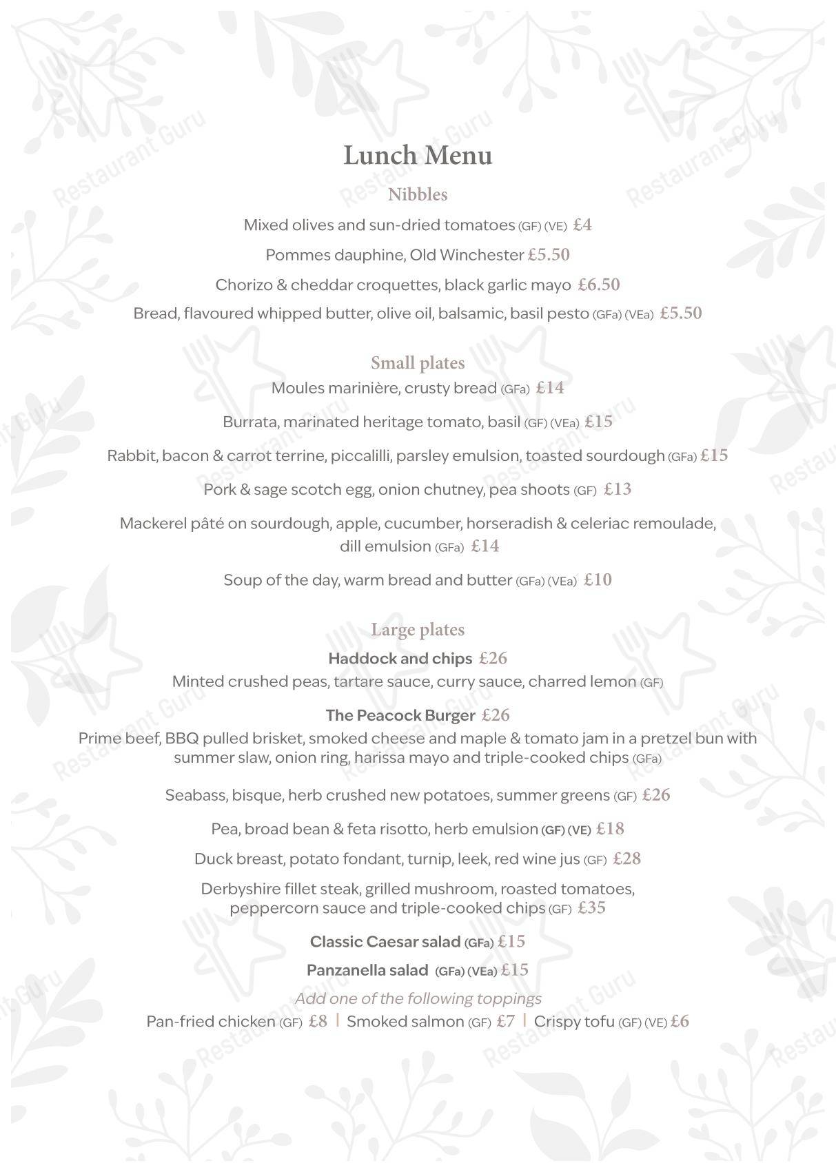 Lunch Menu паба и бара The Peacock at Rowsley