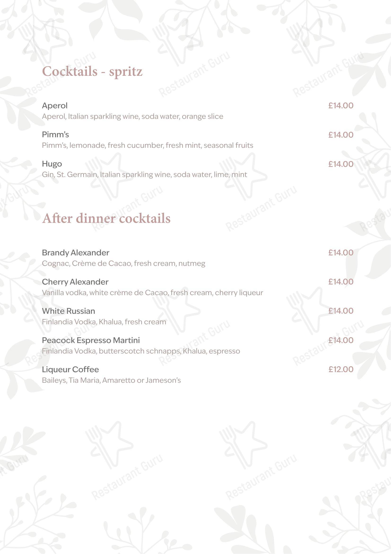 Меню паба и бара The Peacock at Rowsley - Table Menu