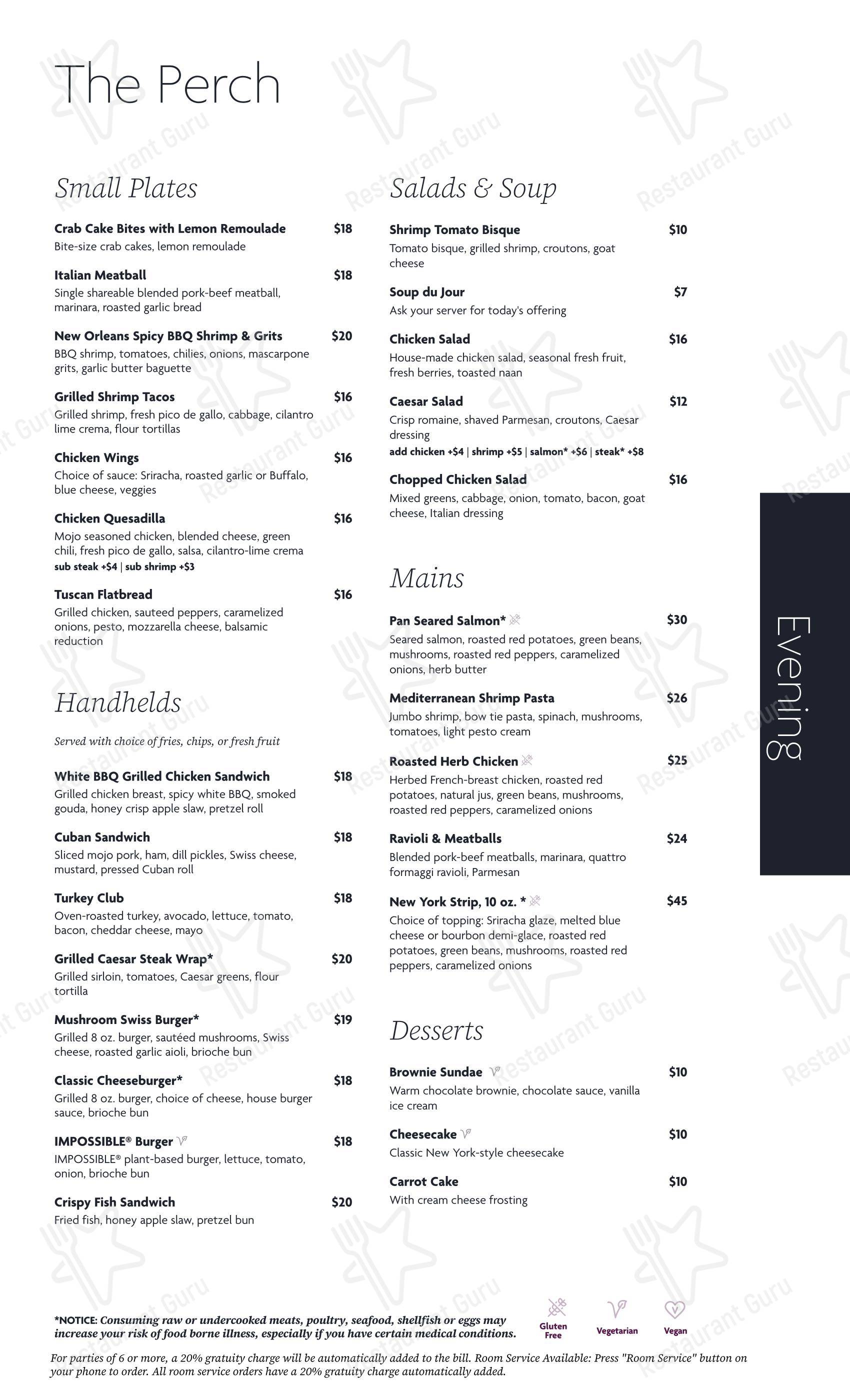 Меню паба и бара The Perch Restaurant & Lounge - Меню напитков