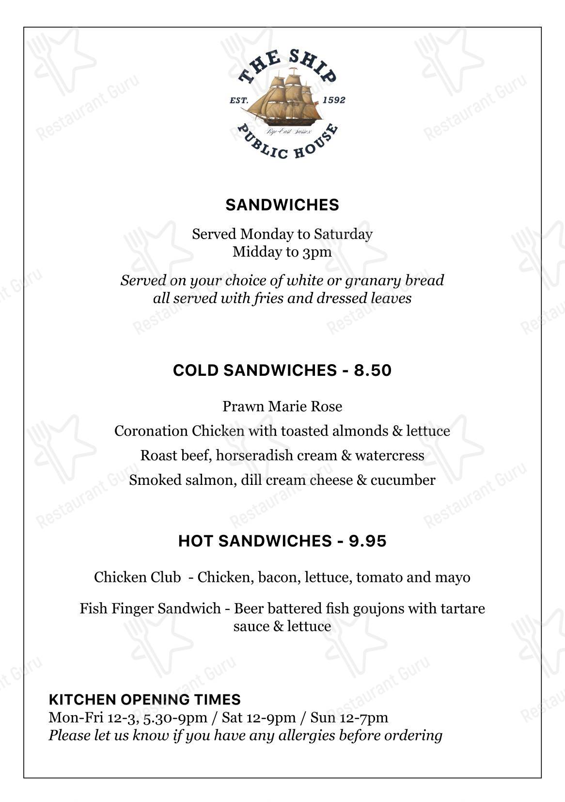 Dinner Menu ресторана The Ship Inn