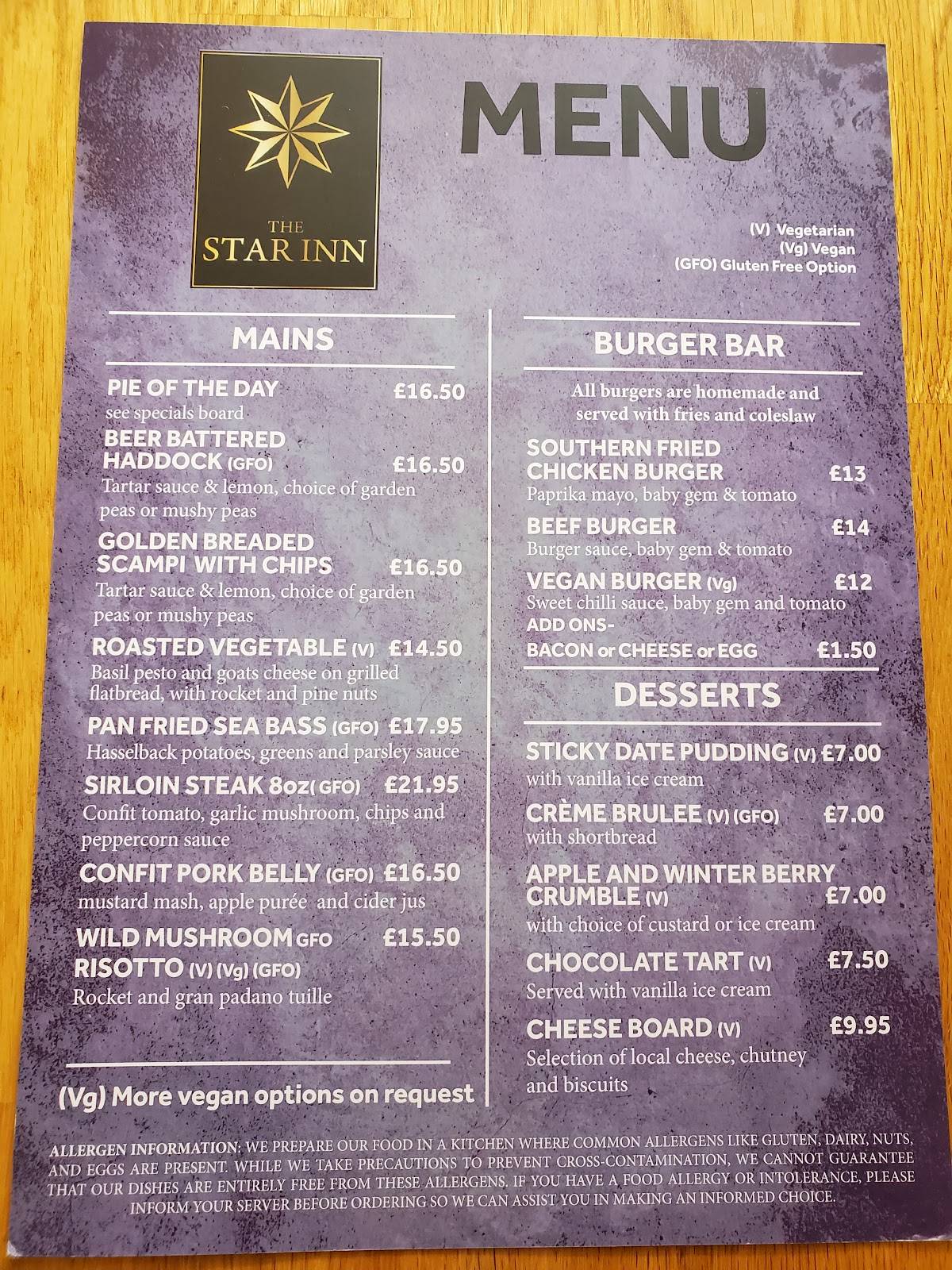 The Star Inn меню