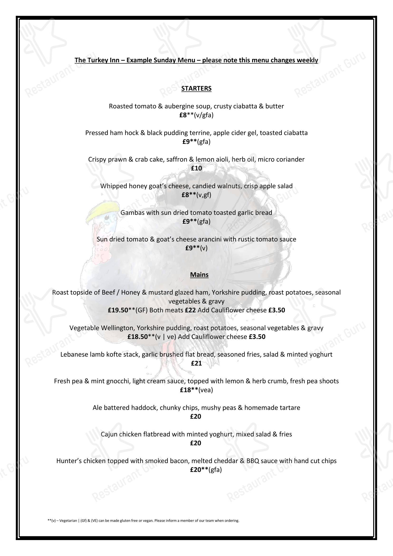 Dinner Menu паба и бара The Turkey Inn