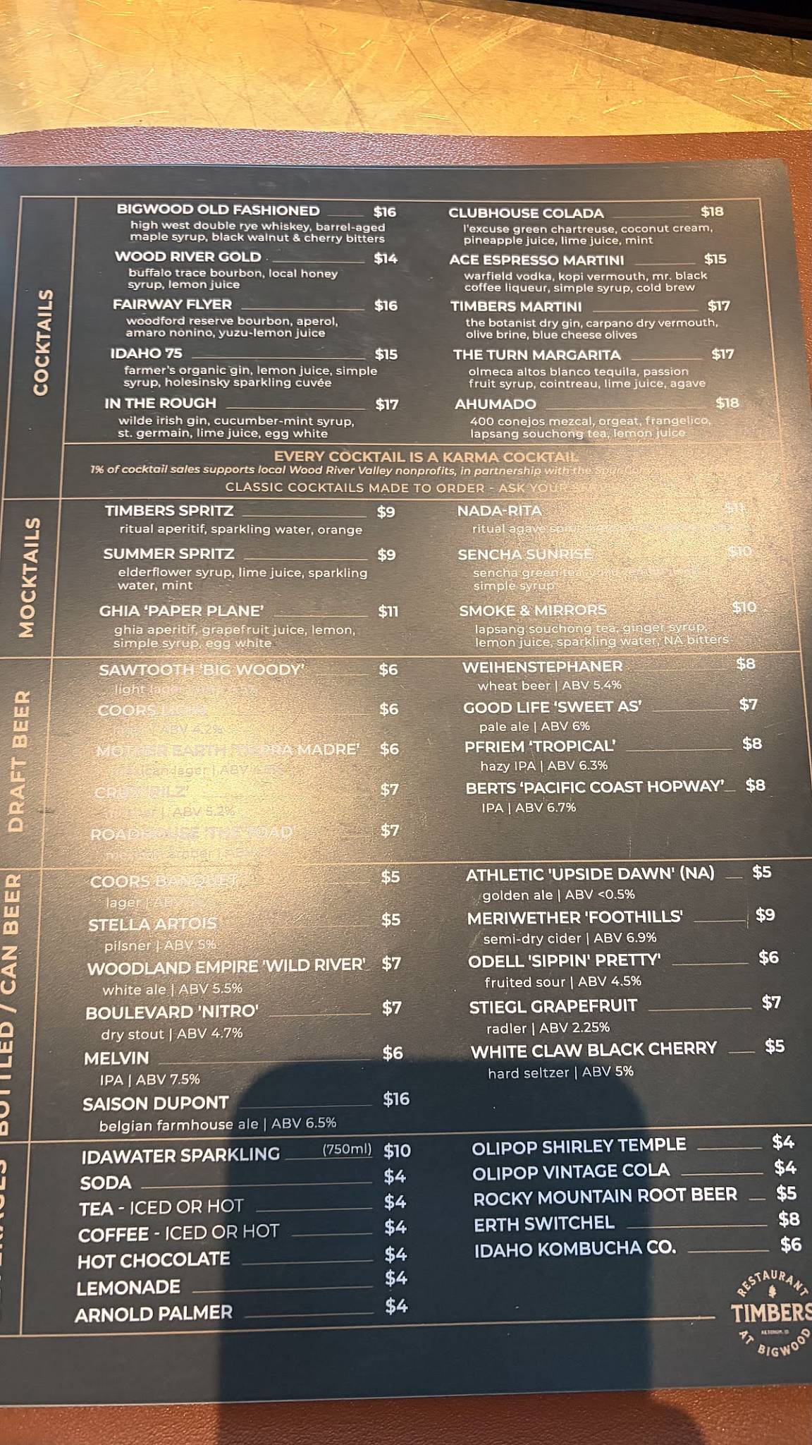 Timbers Restaurant меню