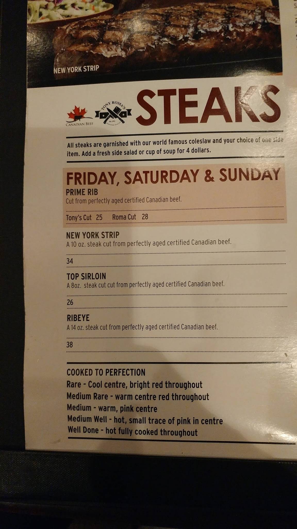 Tony Roma's меню