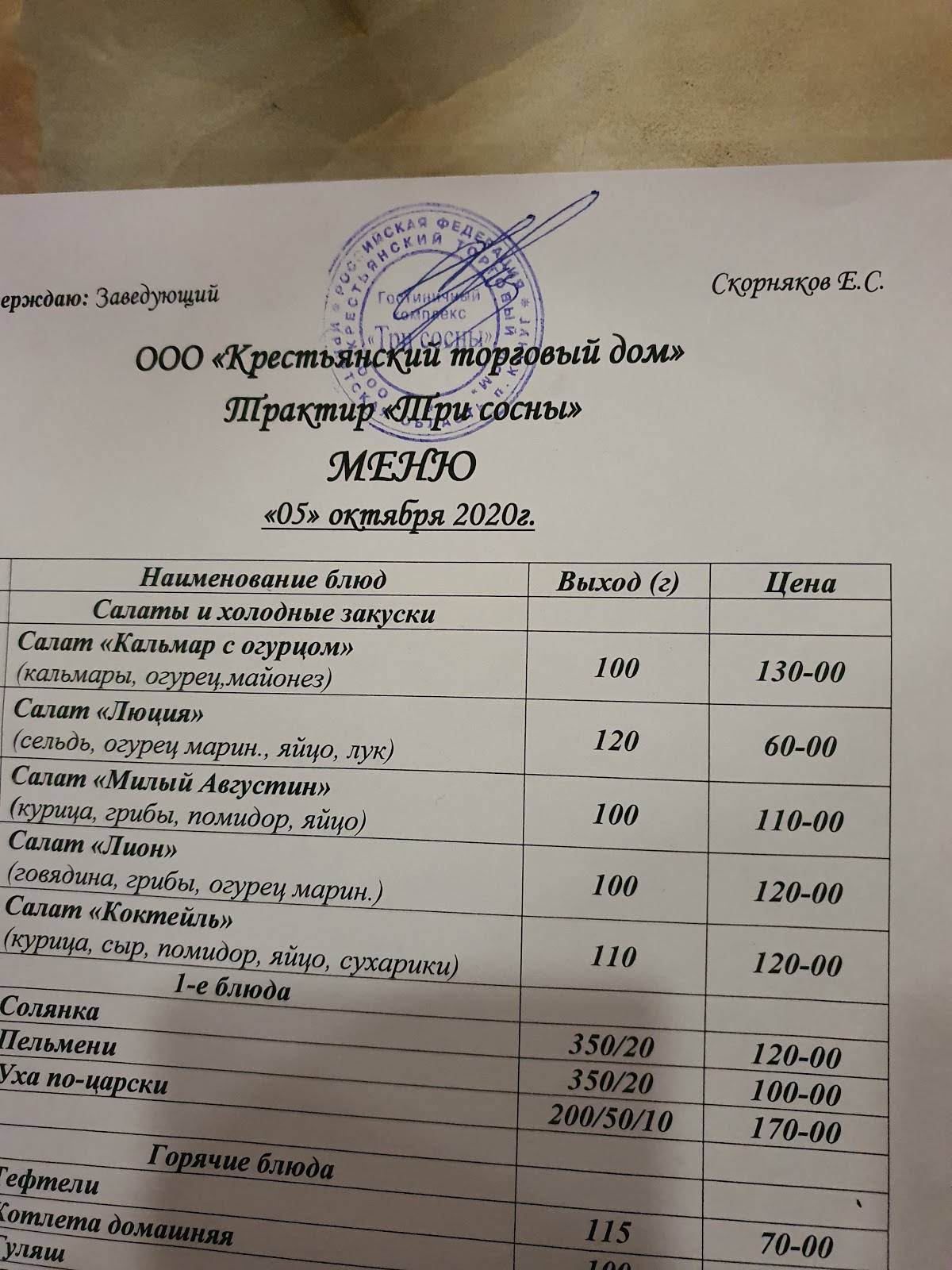 Три сосны меню