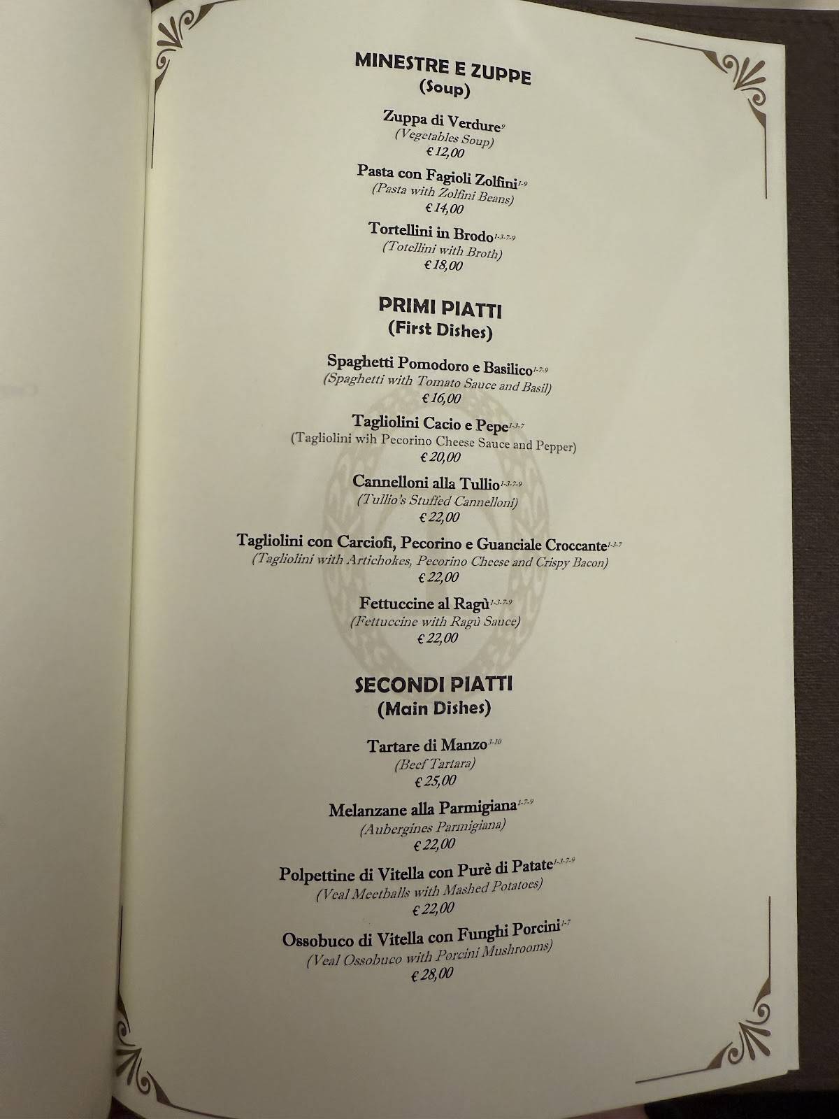 Tullio Restaurant меню
