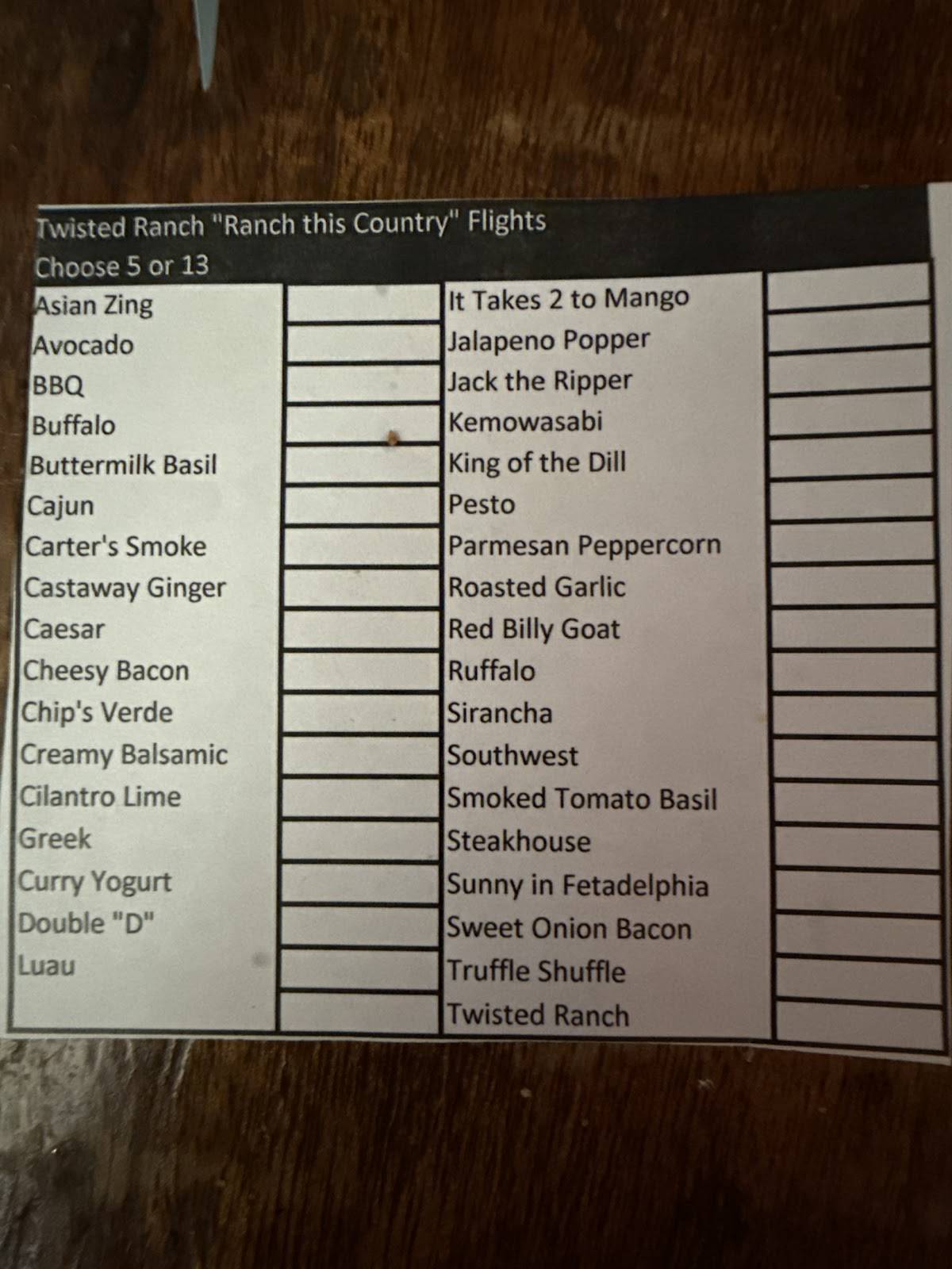 Twisted Ranch меню