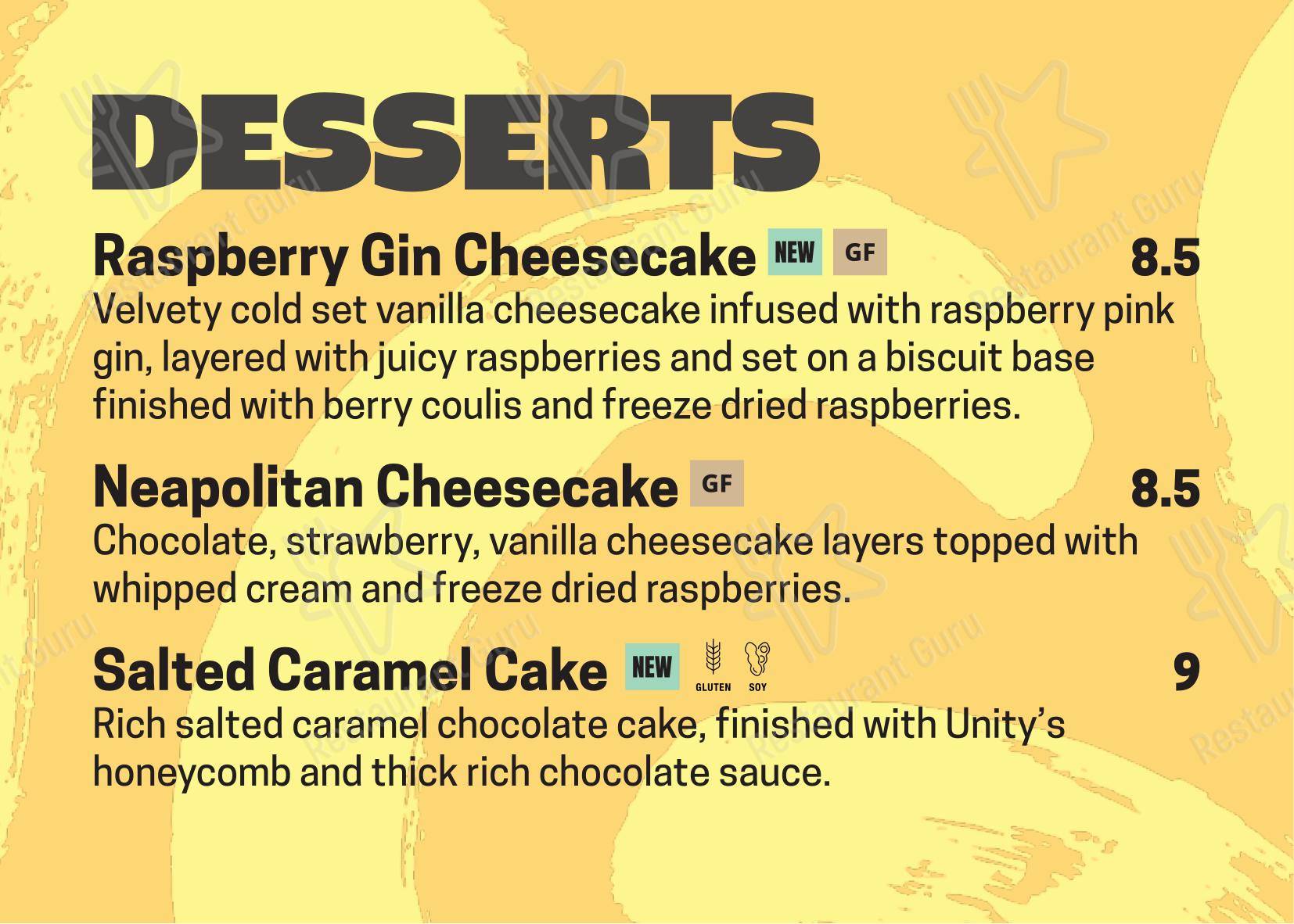 Dinner Menu паба и бара Unity Diner в Лондоне