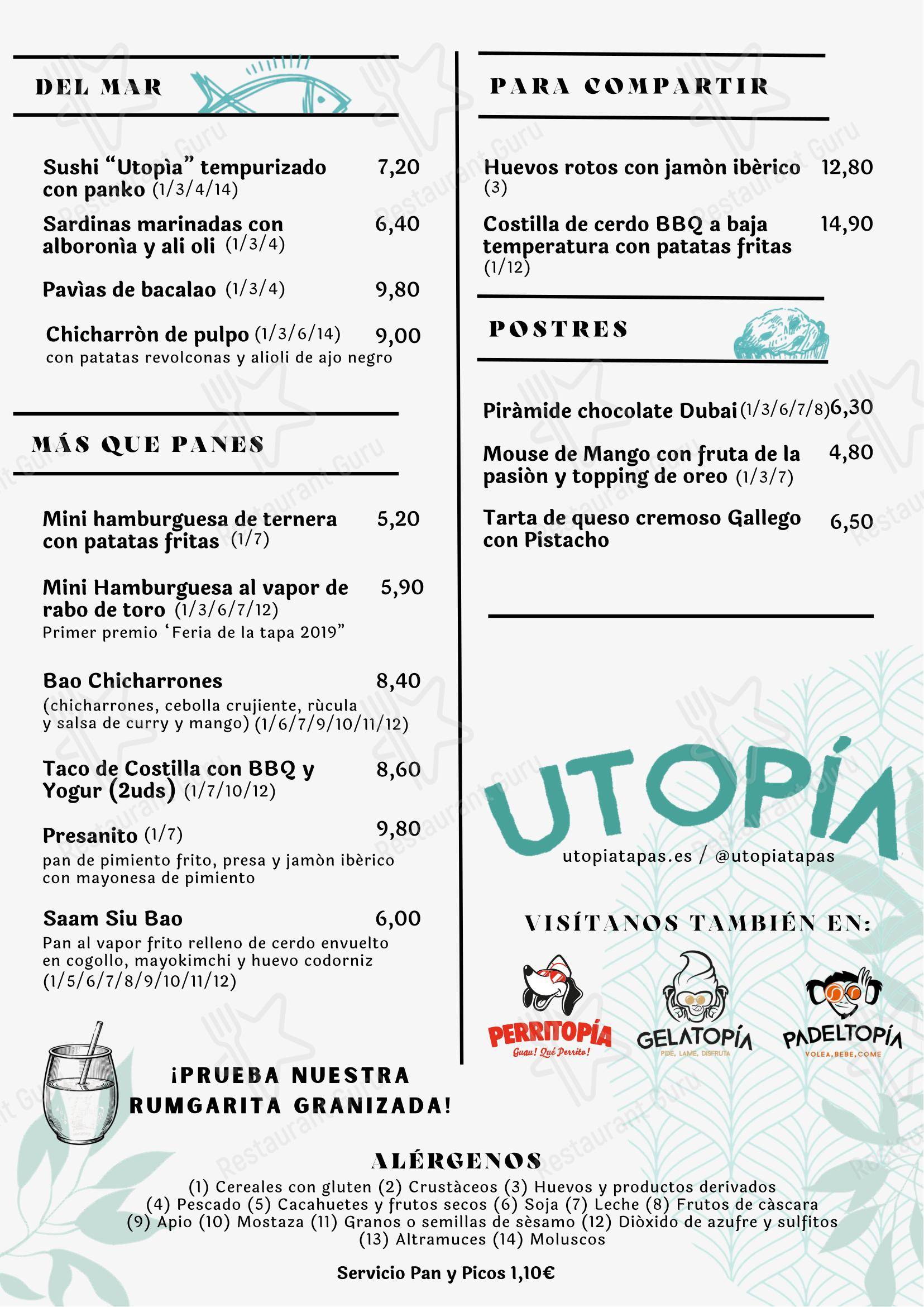 Меню паба и бара Utopia Tapas Restaurant в Роте
