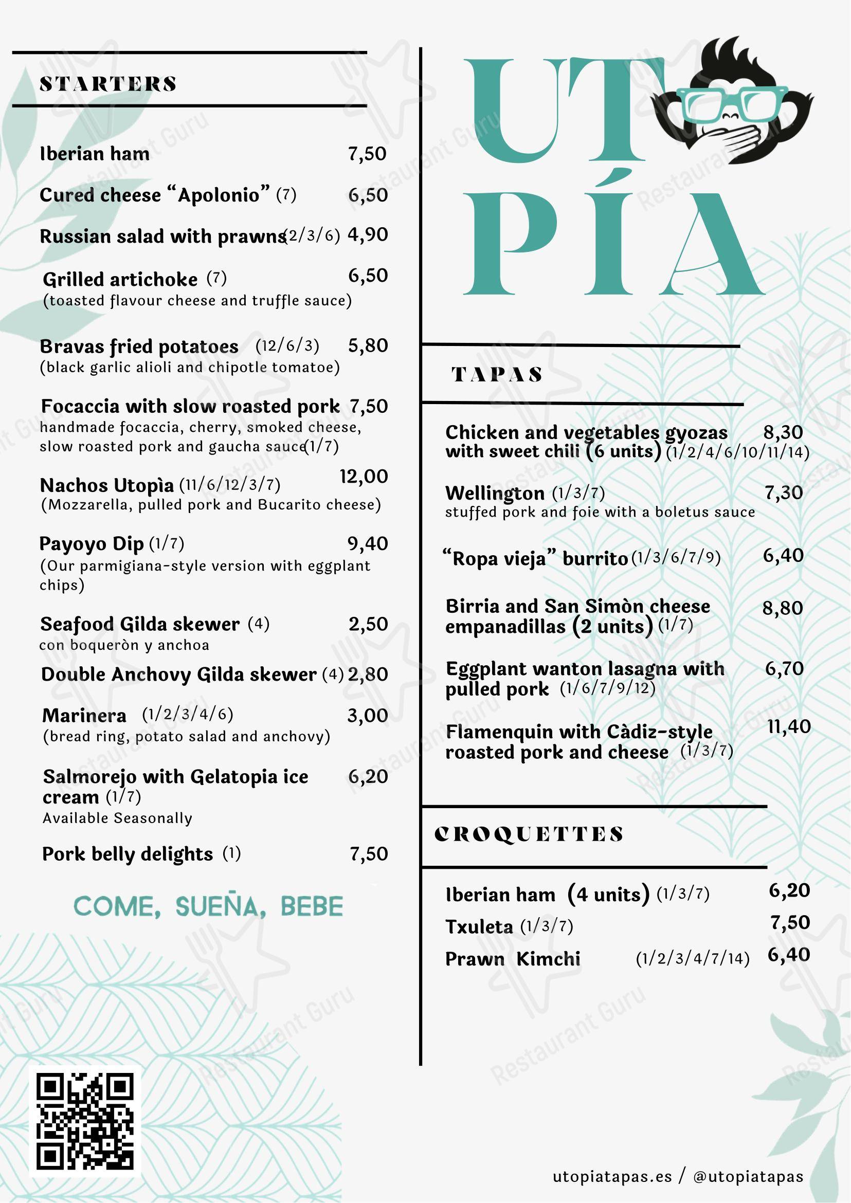 Меню паба и бара Utopia Tapas Restaurant - 菜单