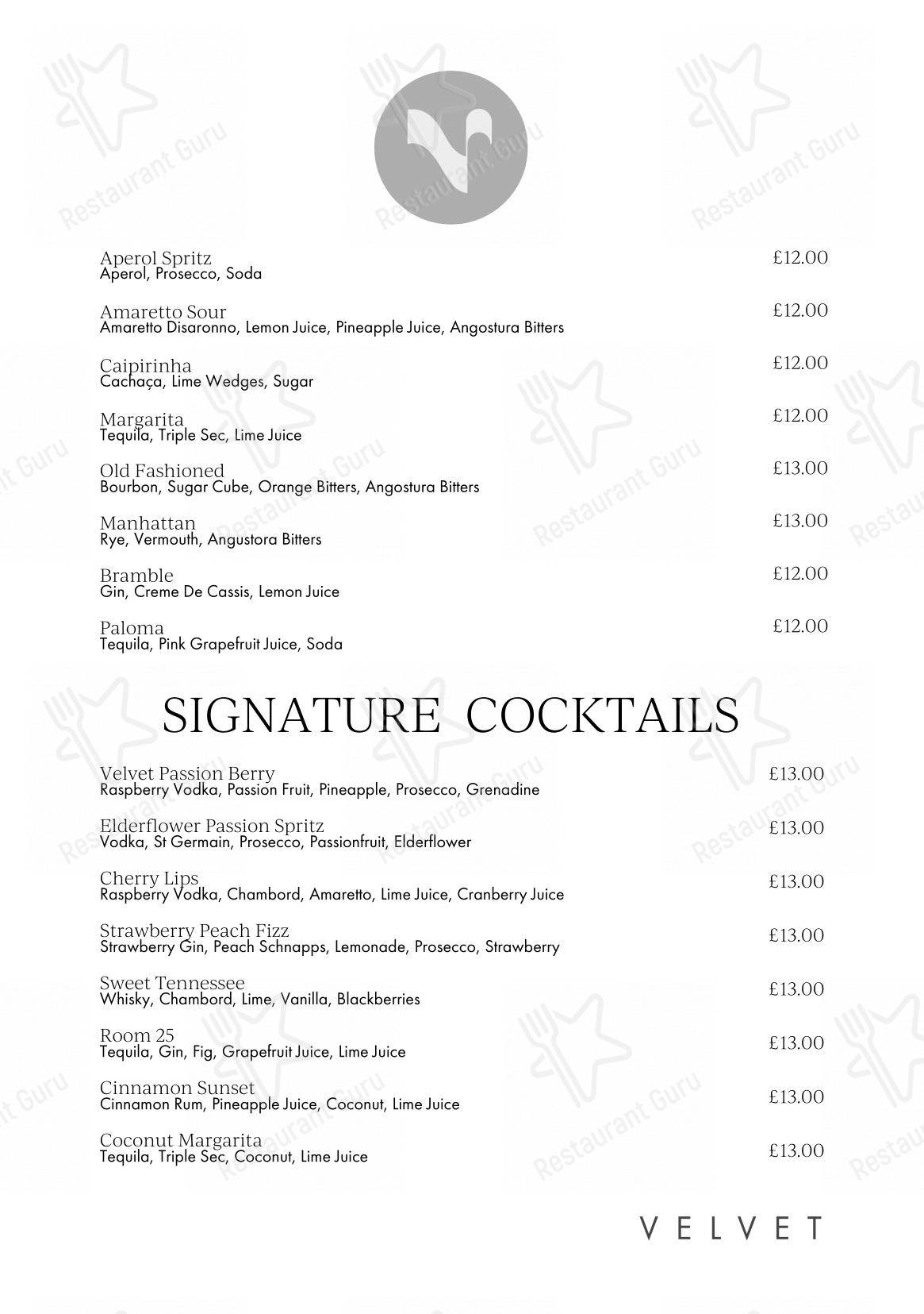 Velvet Hotel, Bar & Brasserie в Манчестере - Основное меню