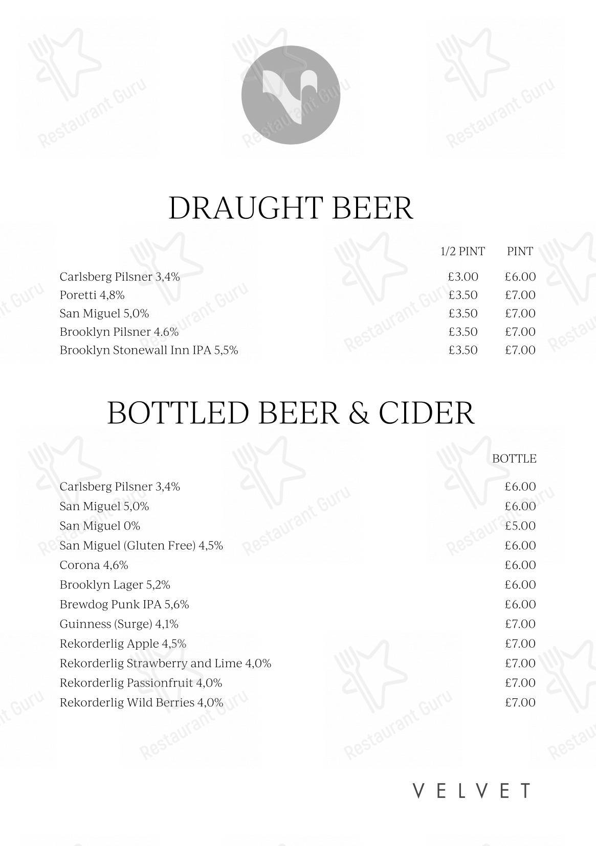 Velvet Hotel, Bar & Brasserie в Манчестере - Основное меню