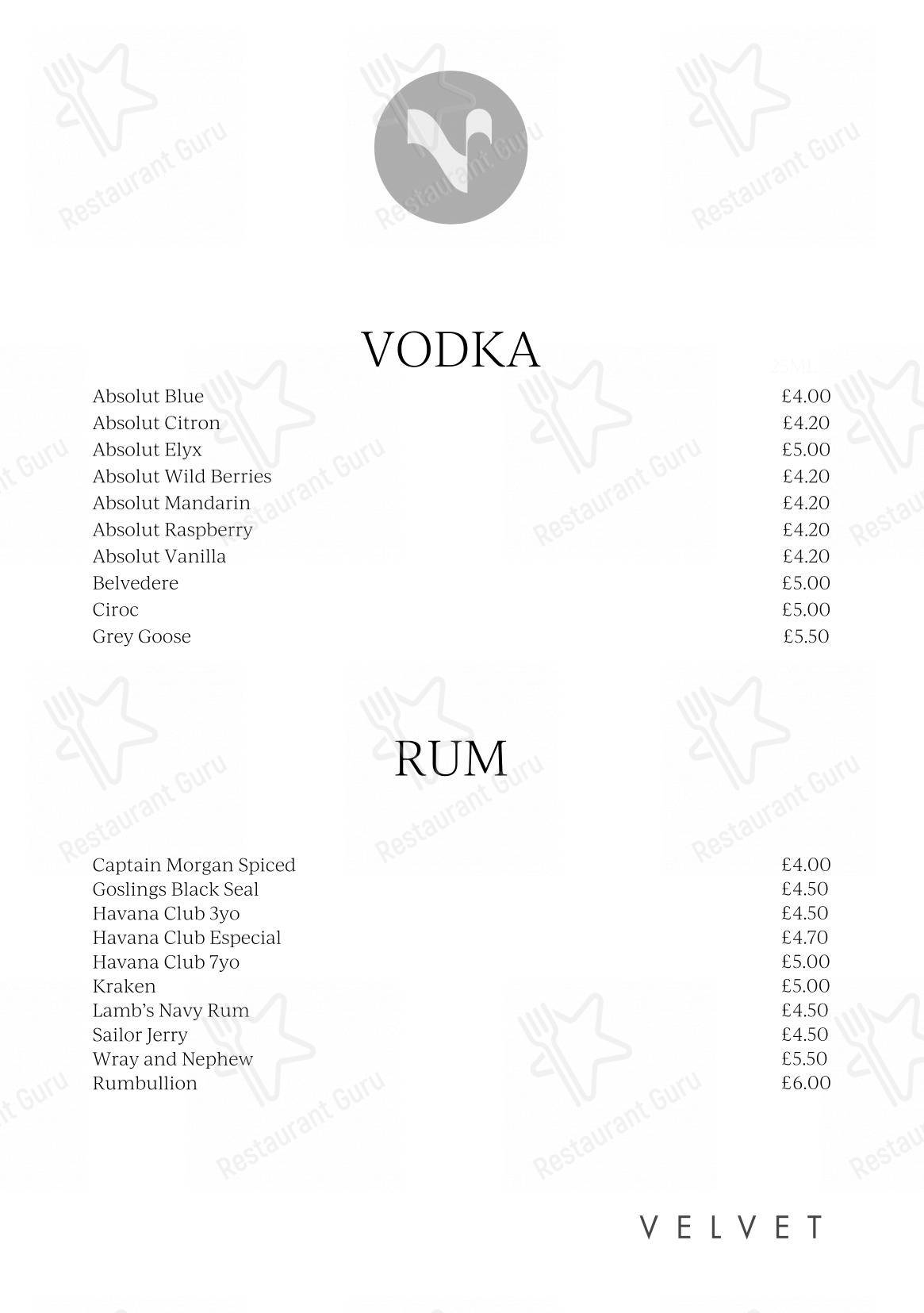 Velvet Hotel, Bar & Brasserie в Манчестере - Основное меню