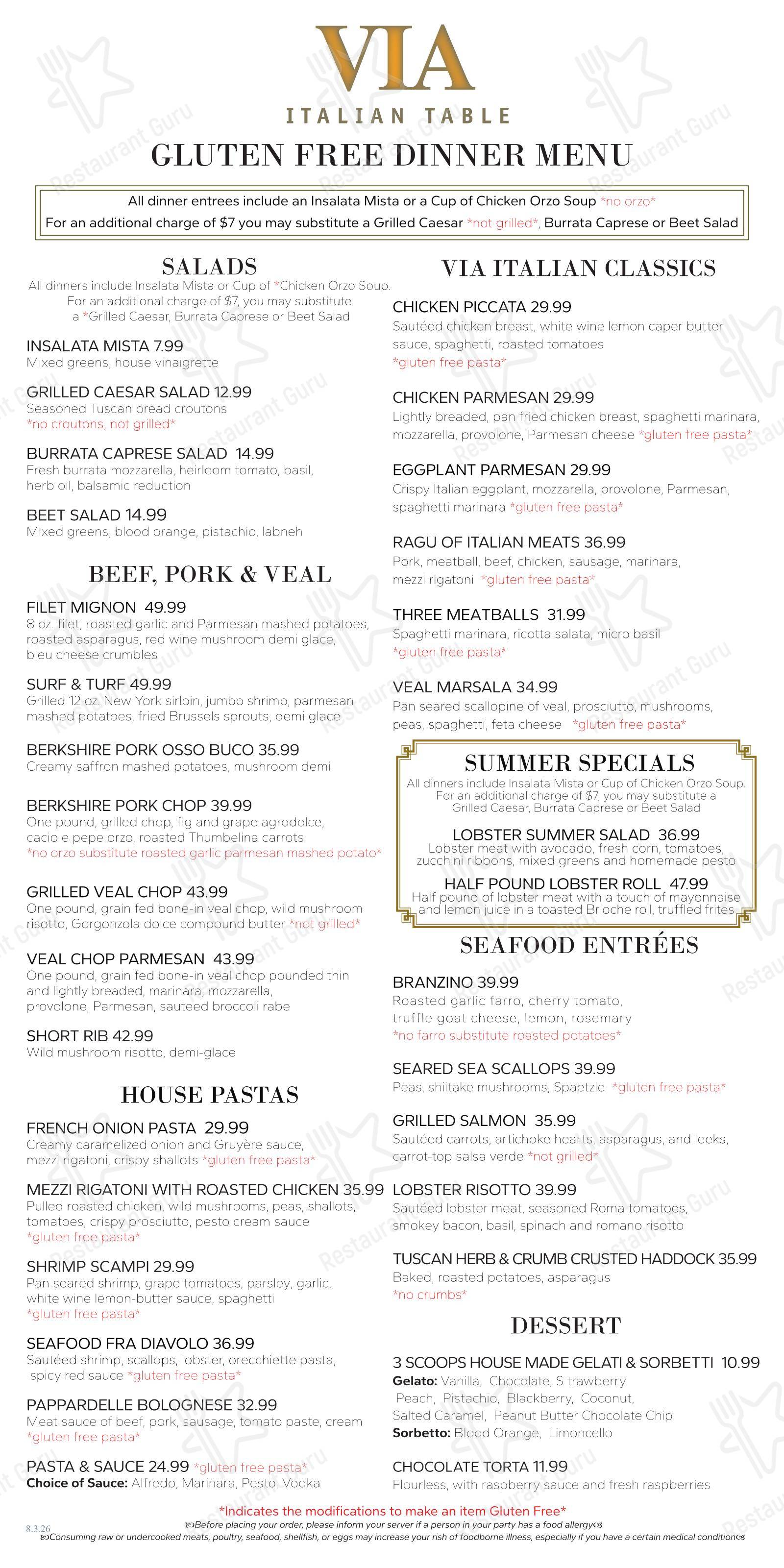 Основное меню паба и бара Via Italian Table в Вустере