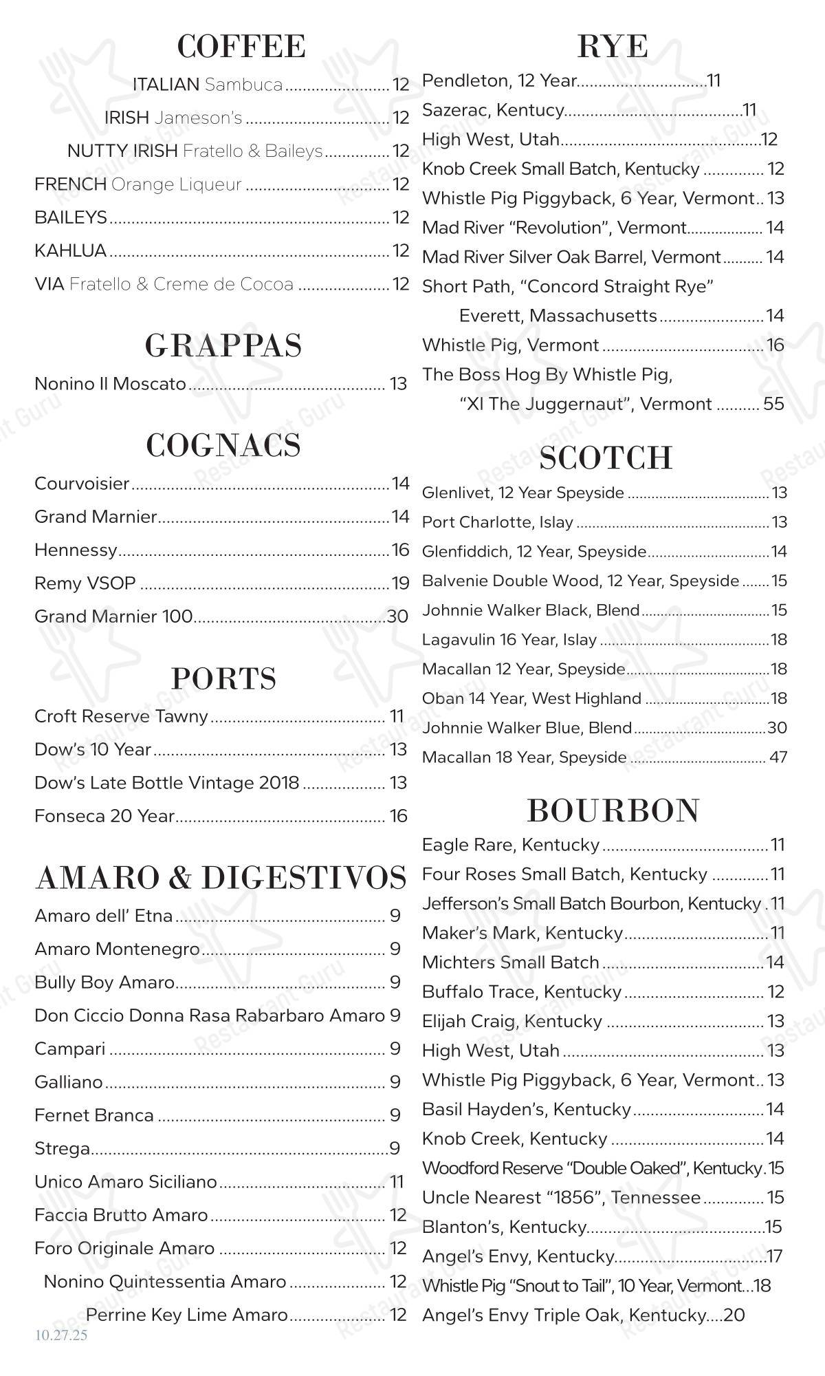 Меню паба и бара Via Italian Table - 菜单