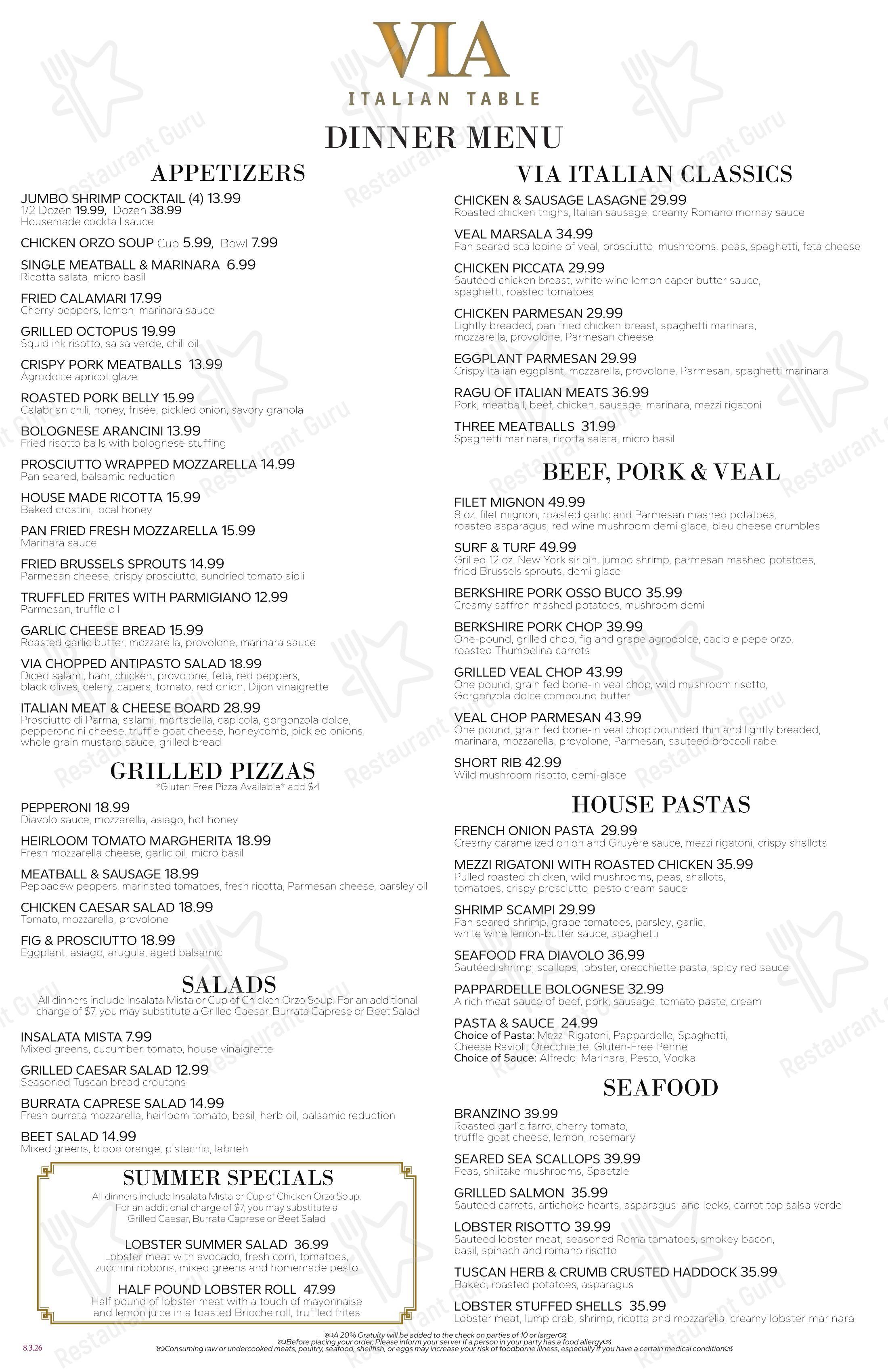 Via Italian Table в Вустере - Меню