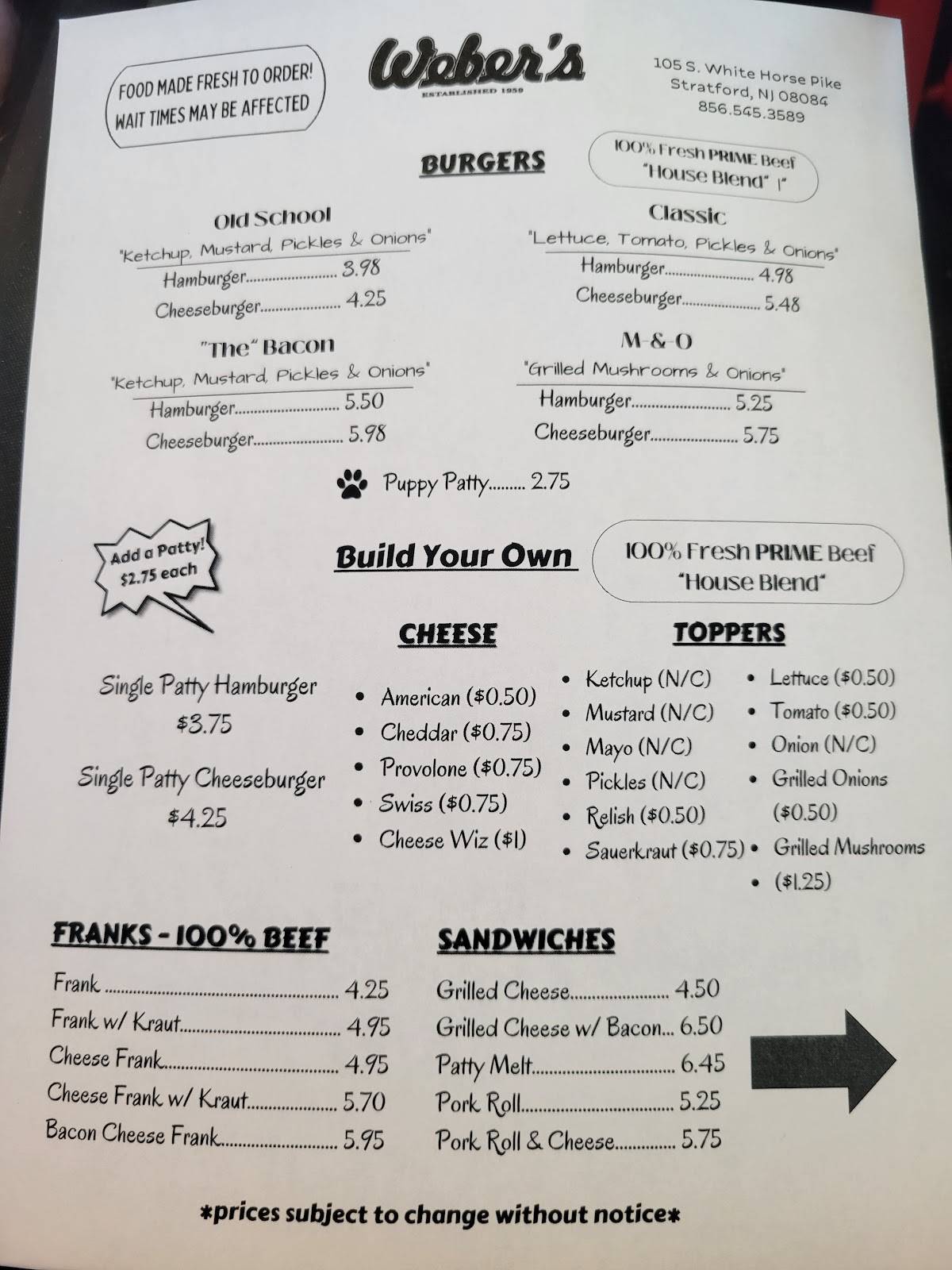 Weber's Drive In меню