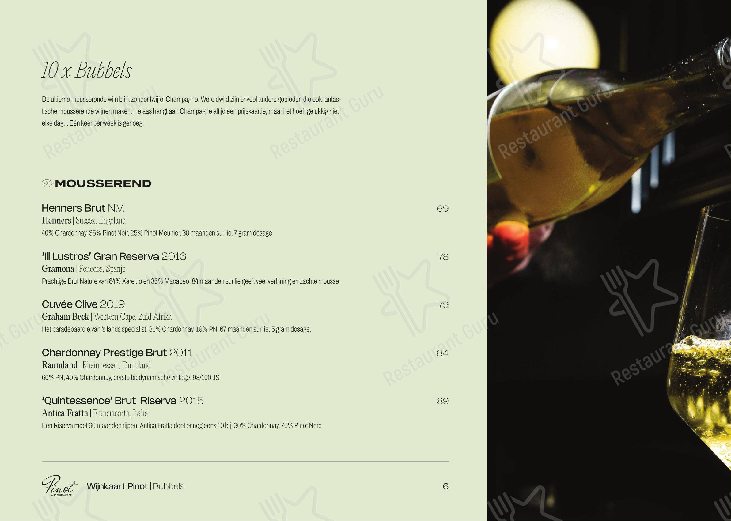 Меню напитков паба и бара Wijnrestaurant Pinot