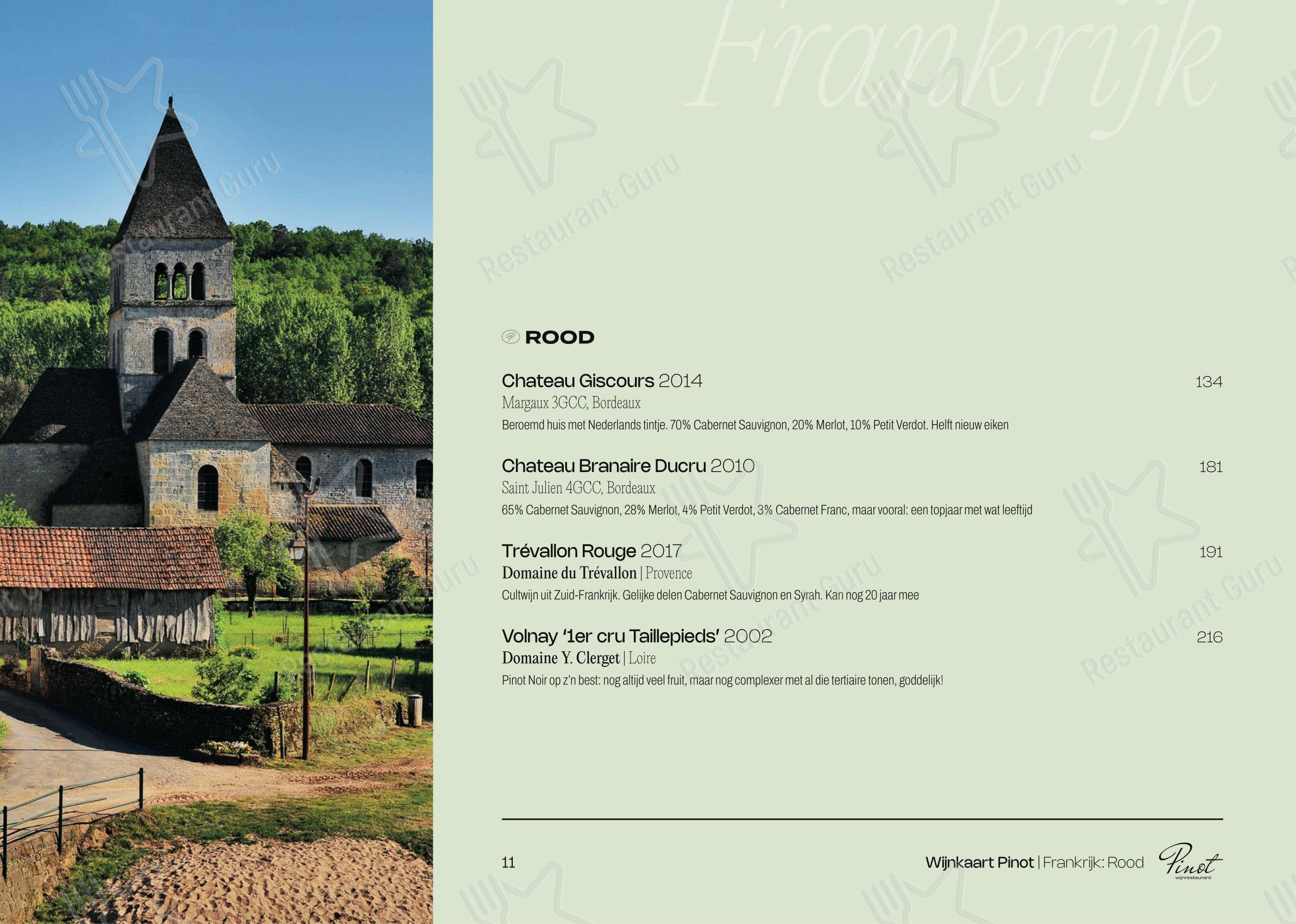 Меню для посетителей паба и бара Wijnrestaurant Pinot