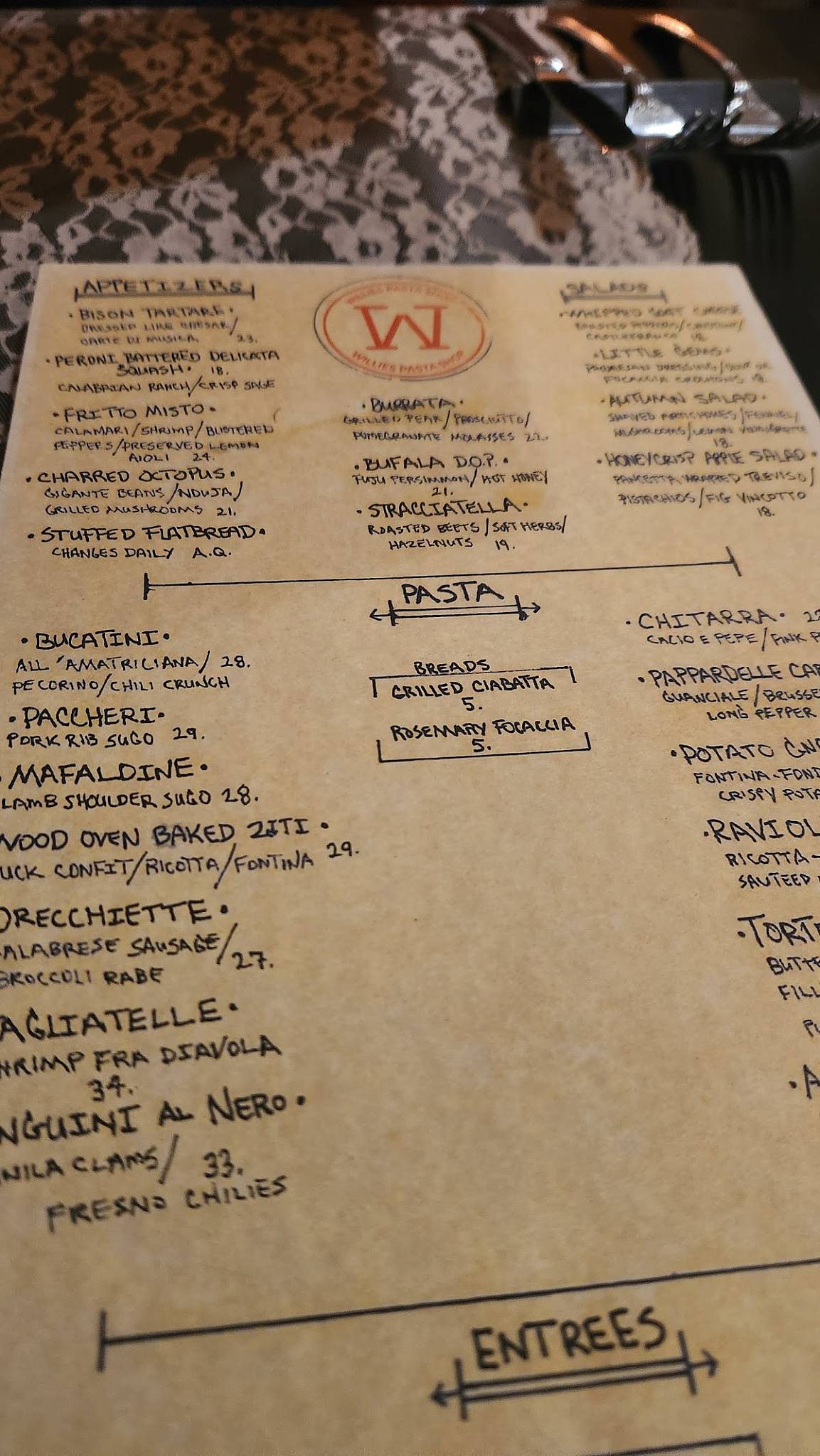 Willie’s Pasta Shop меню