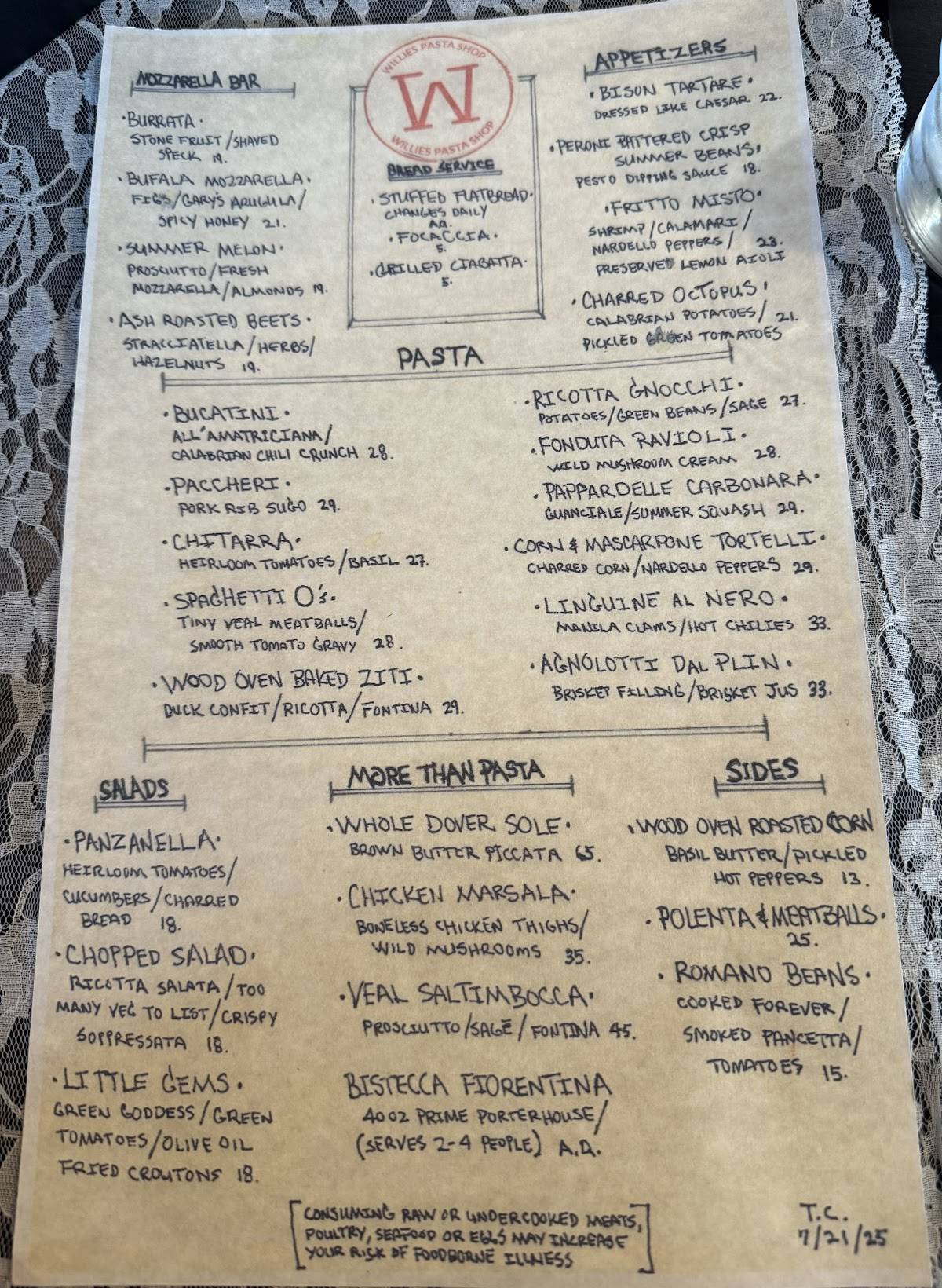 Willie’s Pasta Shop меню