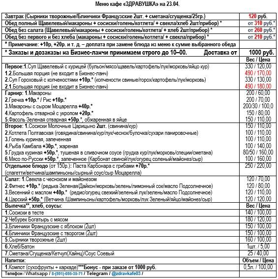Здравушка меню