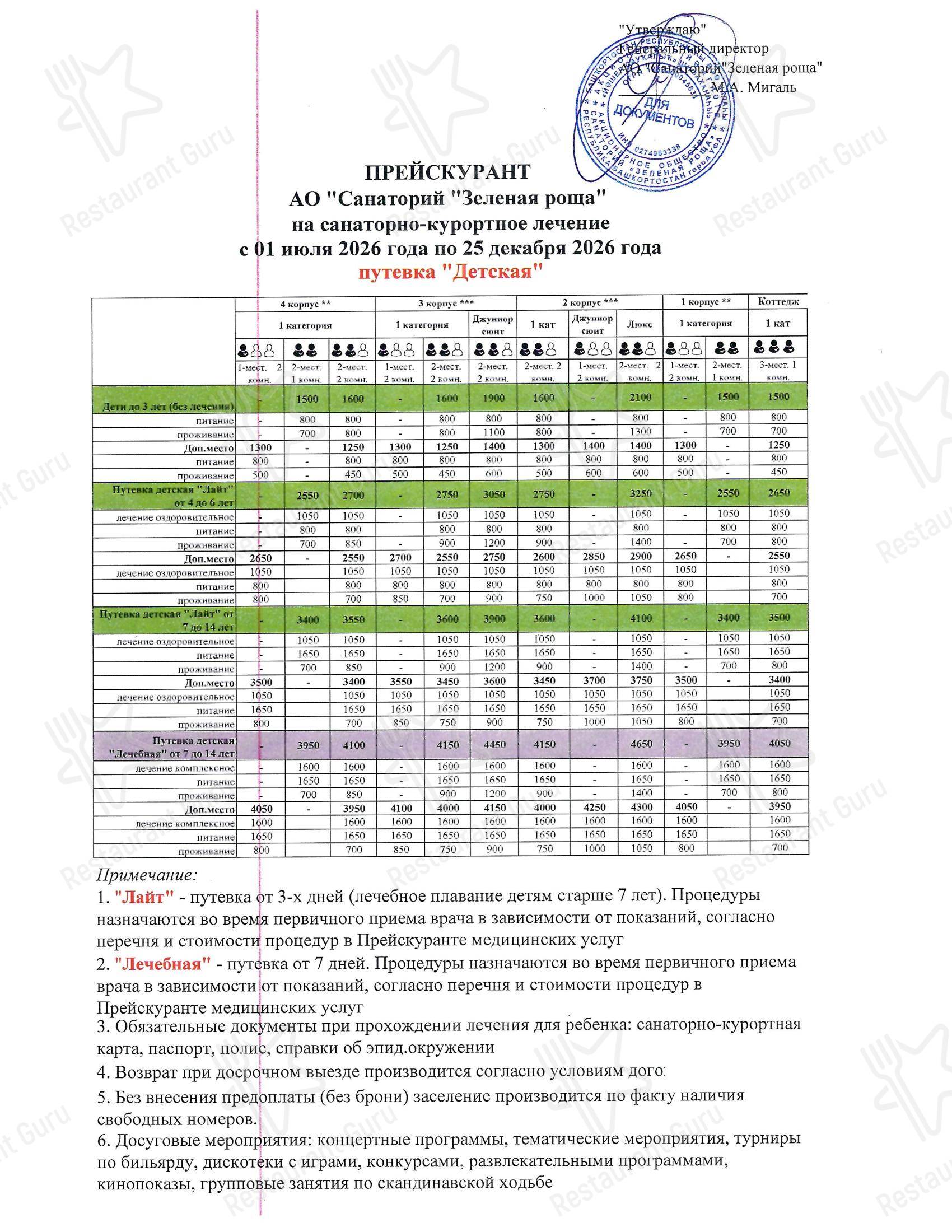 Меню Зеленая роща - Основное меню
