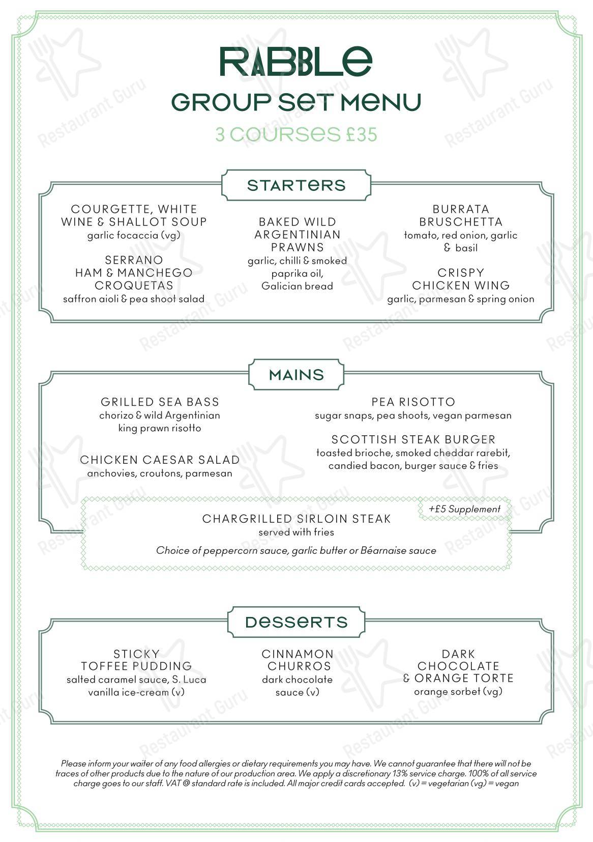 Меню паба и бара Rabble - Table Menu