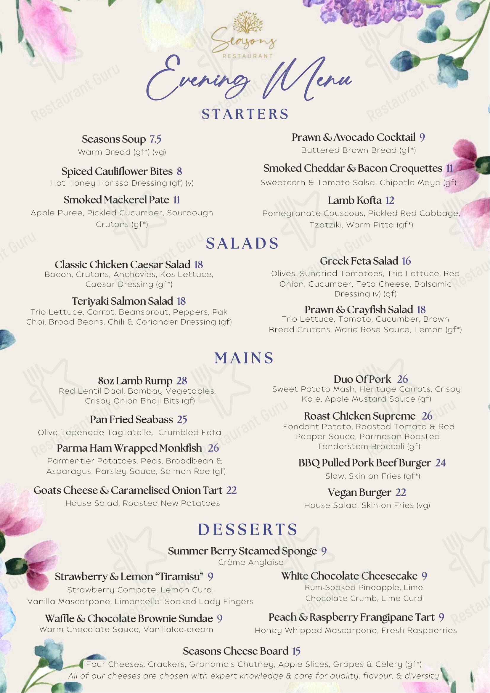Меню для посетителей ресторана Seasons Restaurant