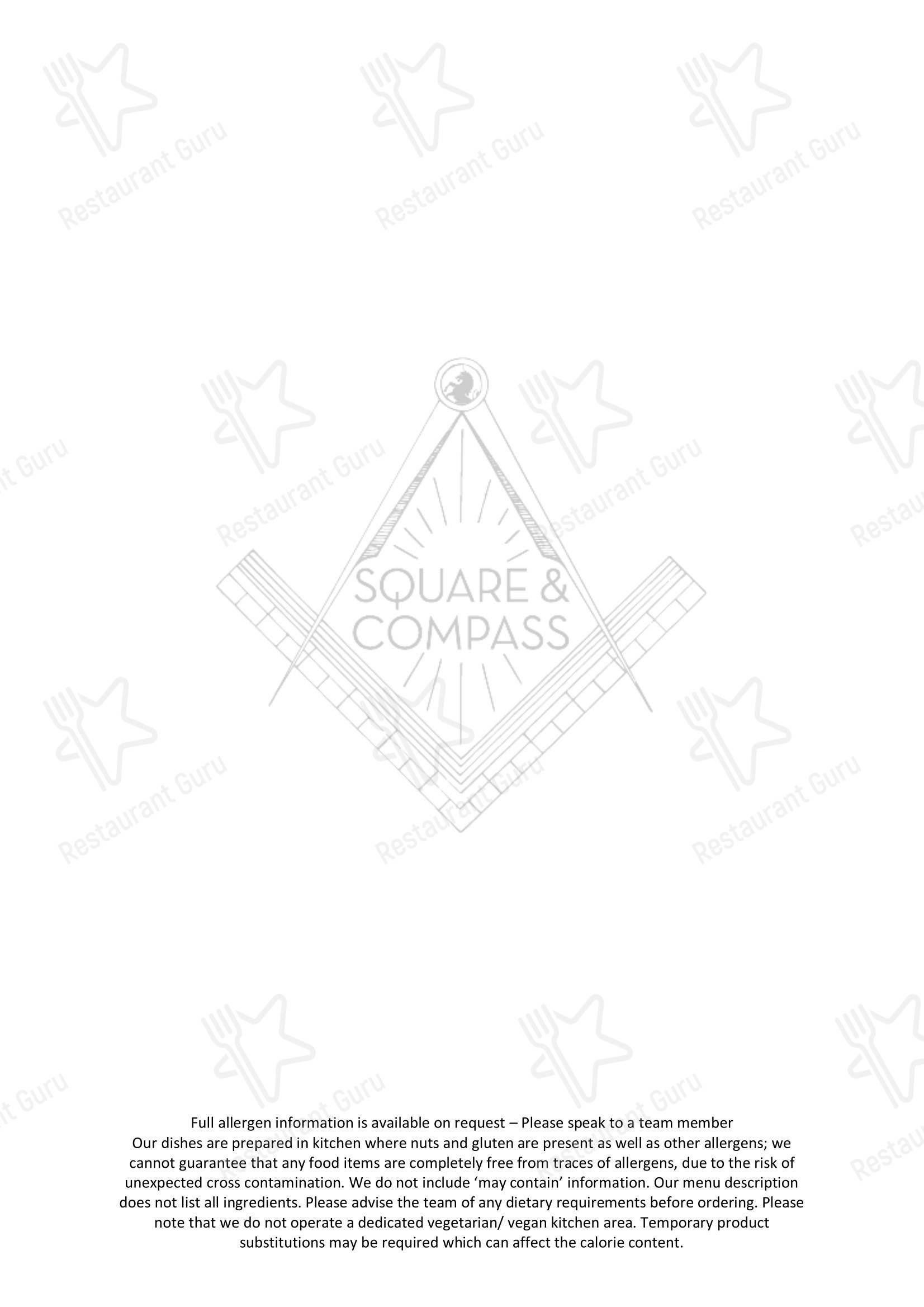 Меню паба и бара Square & Compass, Darley Dale