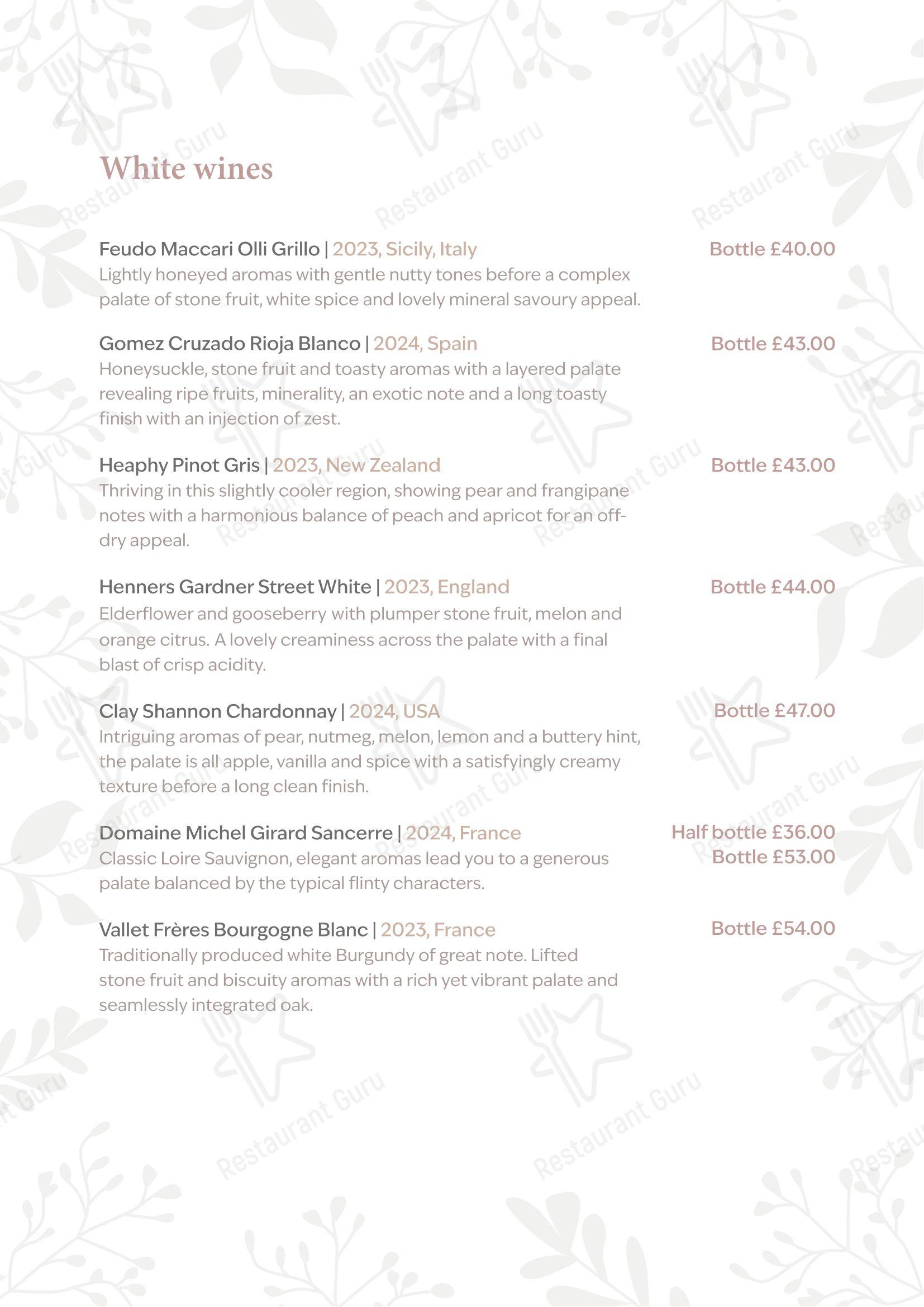 The Peacock at Rowsley в Матлоке - Table Menu