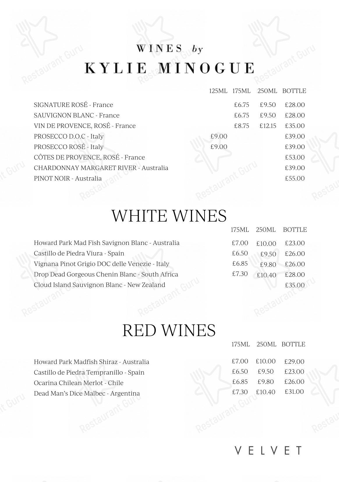 Основное меню паба и бара Velvet Hotel, Bar & Brasserie