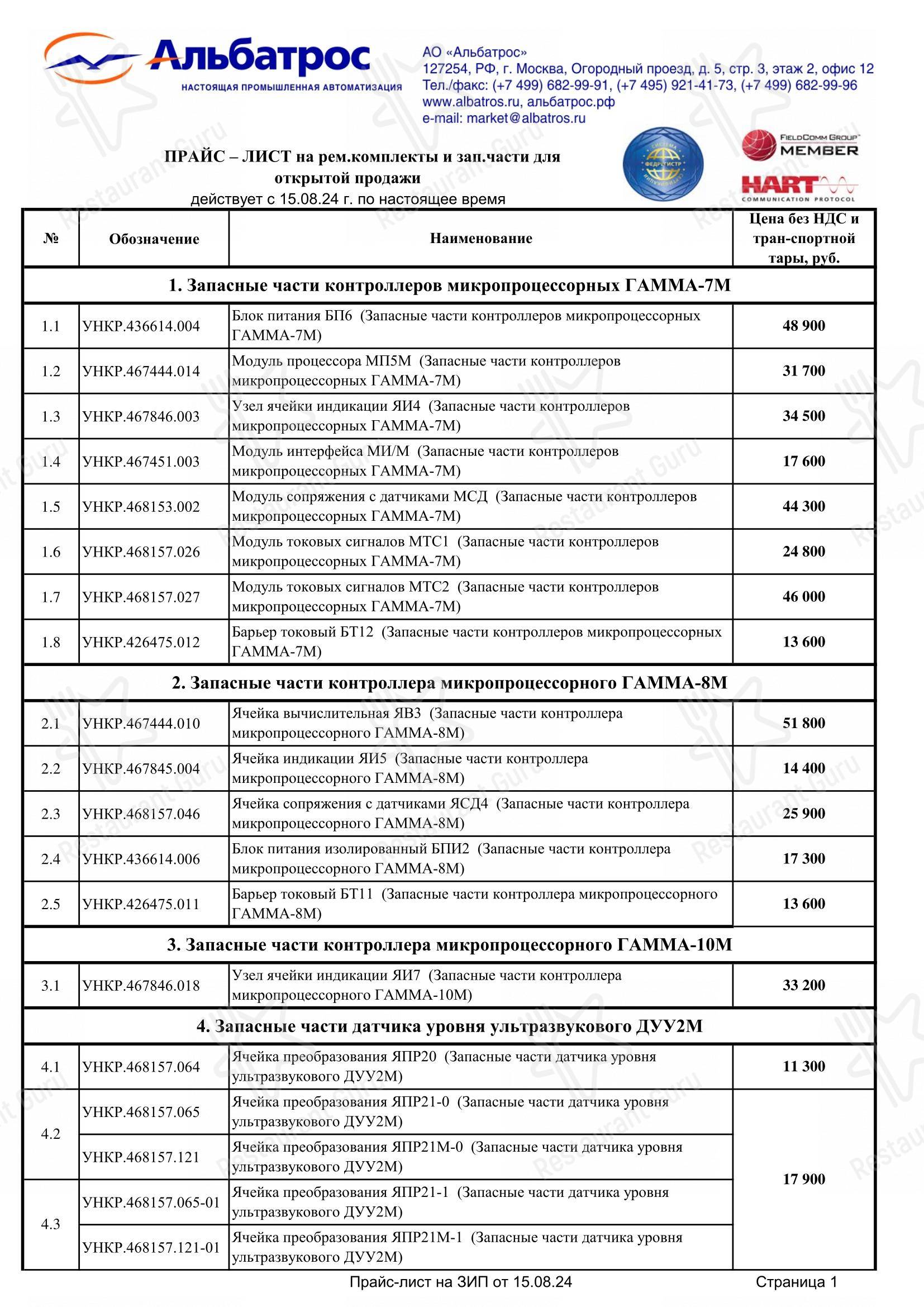 Меню напитков паба и бара Альбатрос в Москве