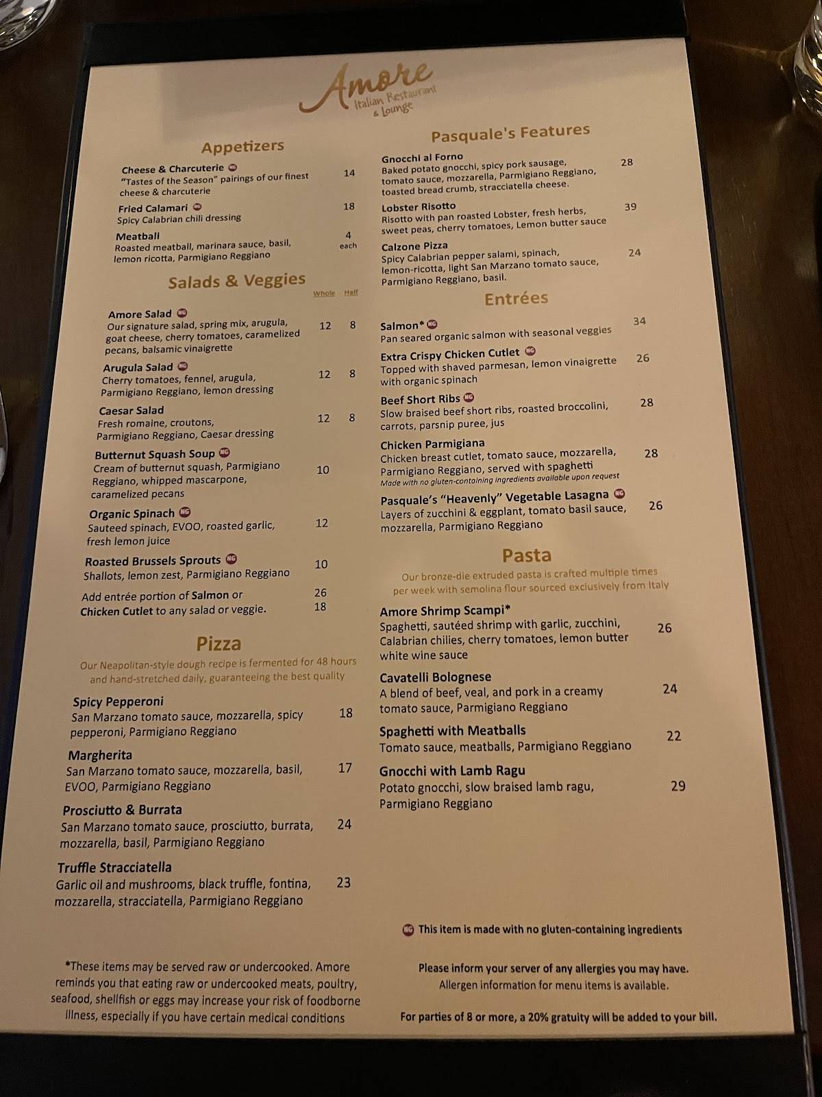 Amore Italian Restaurant & Lounge меню