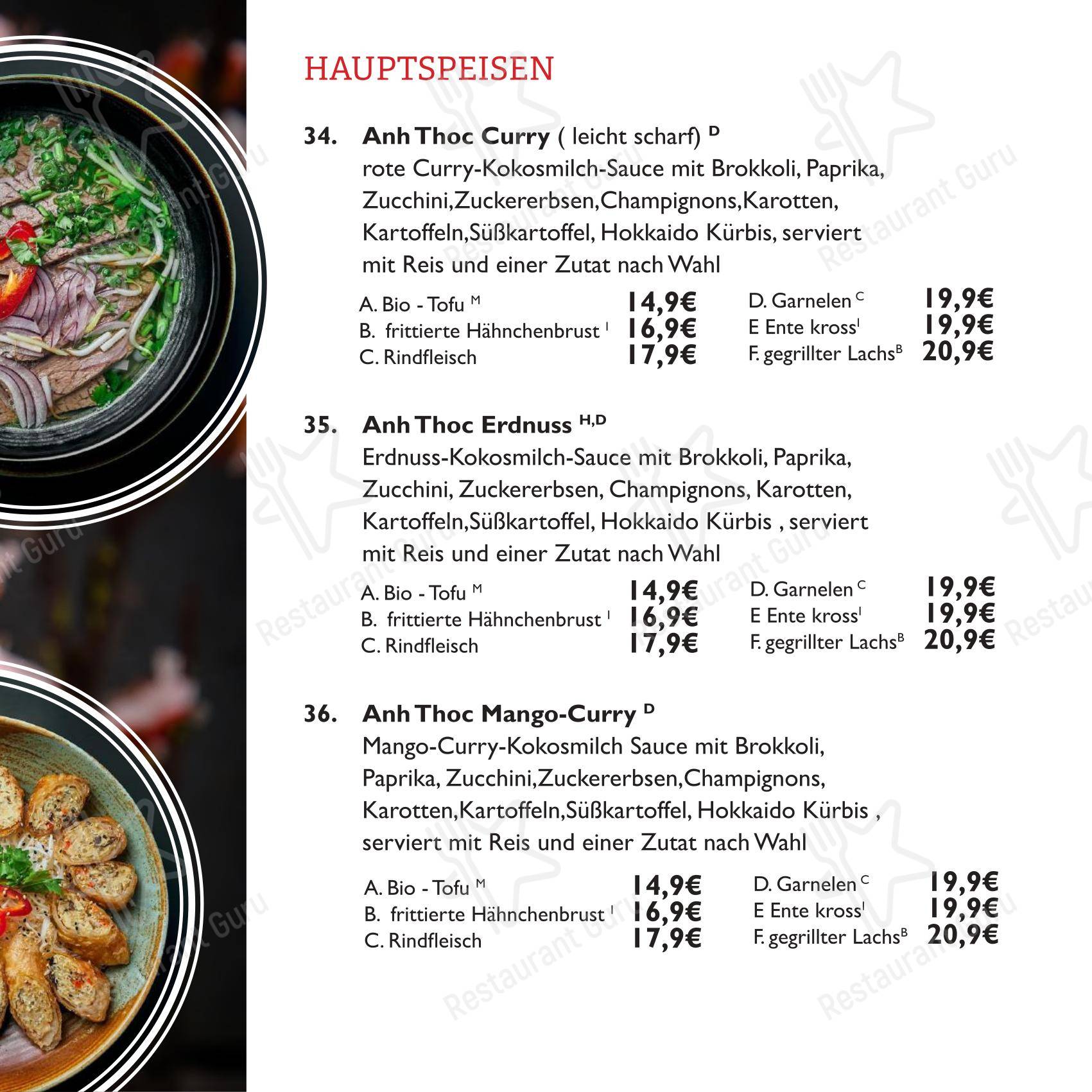 Меню ресторана Anh Thoc Restaurant в Радеформвальде