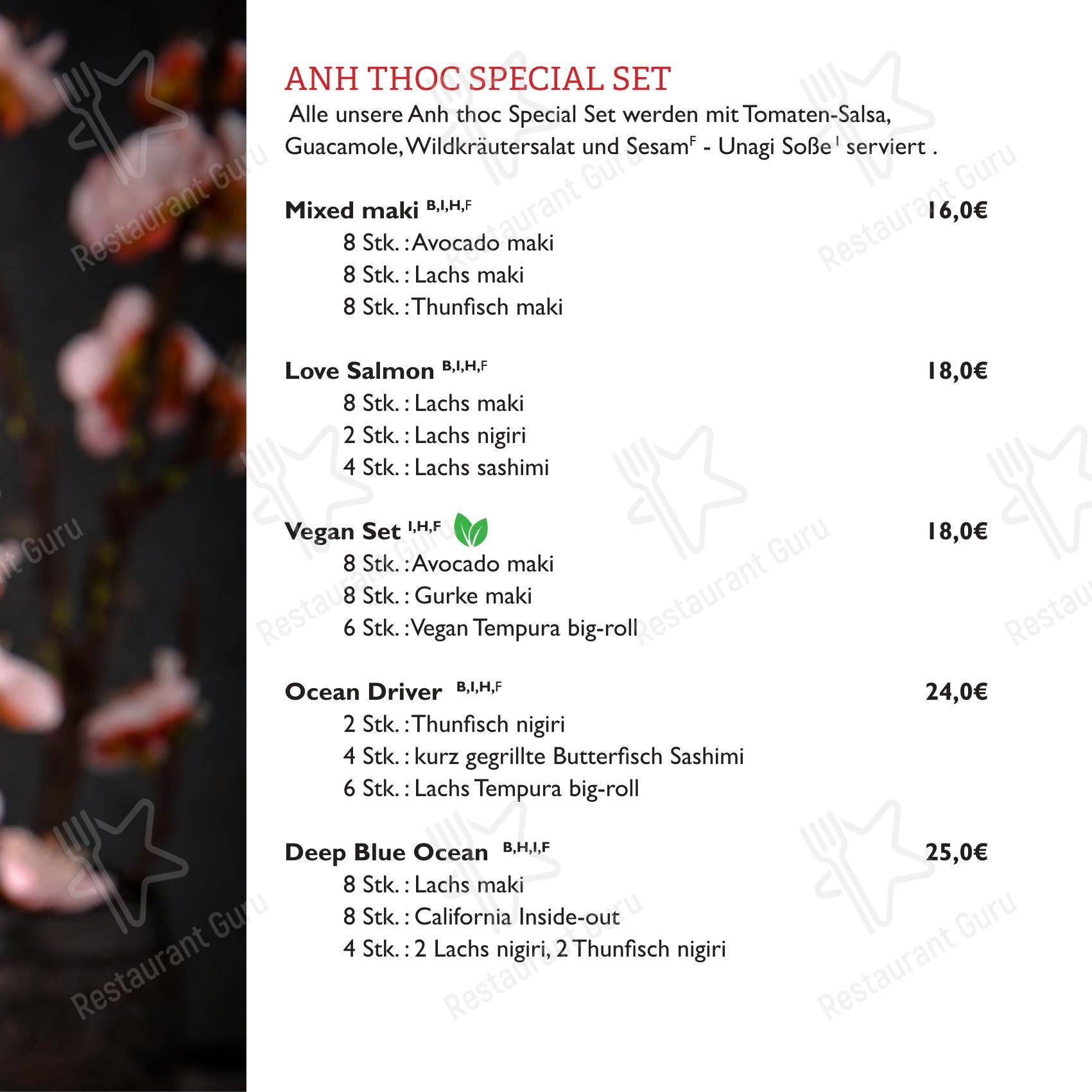 Меню ресторана Anh Thoc Restaurant - Меню