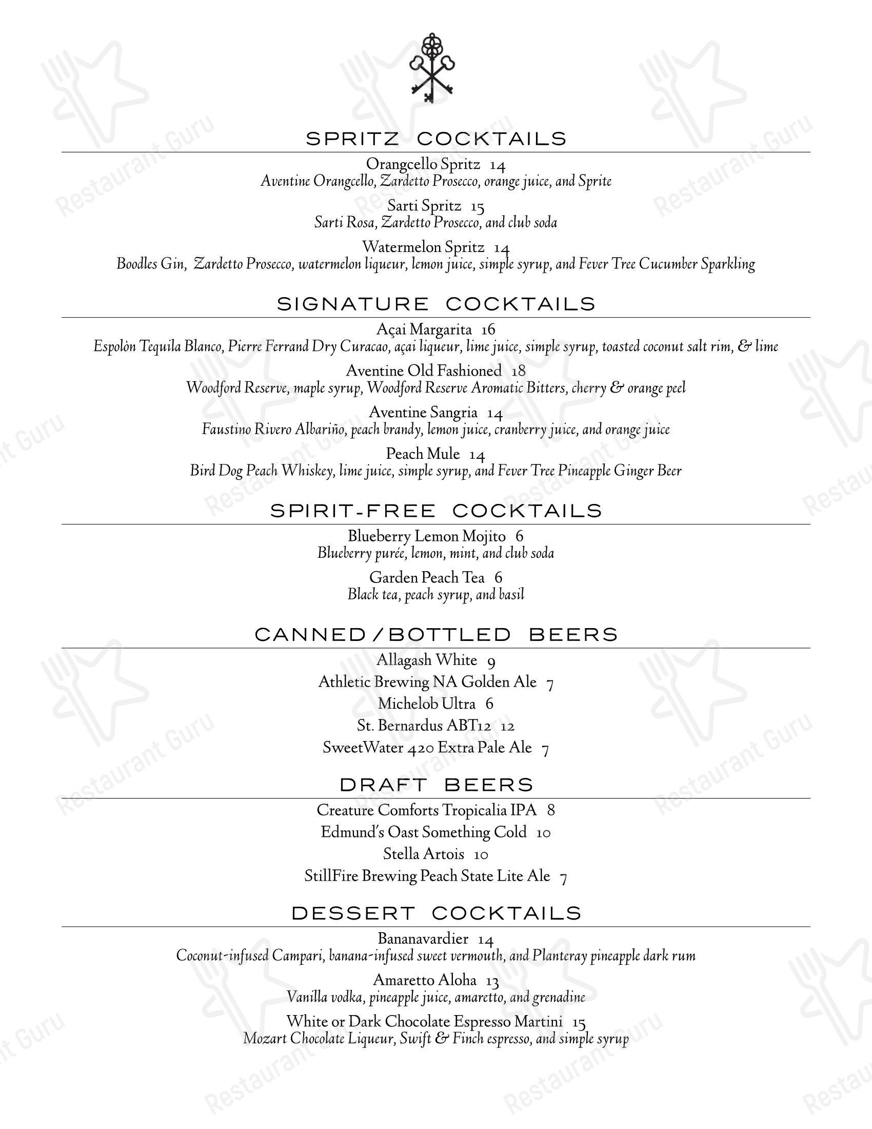 Меню паба и бара Aventine Rome - Dinner Menu