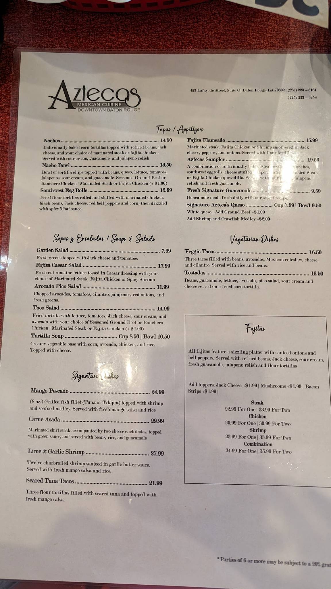 Áztecas Mexican Cuisine меню