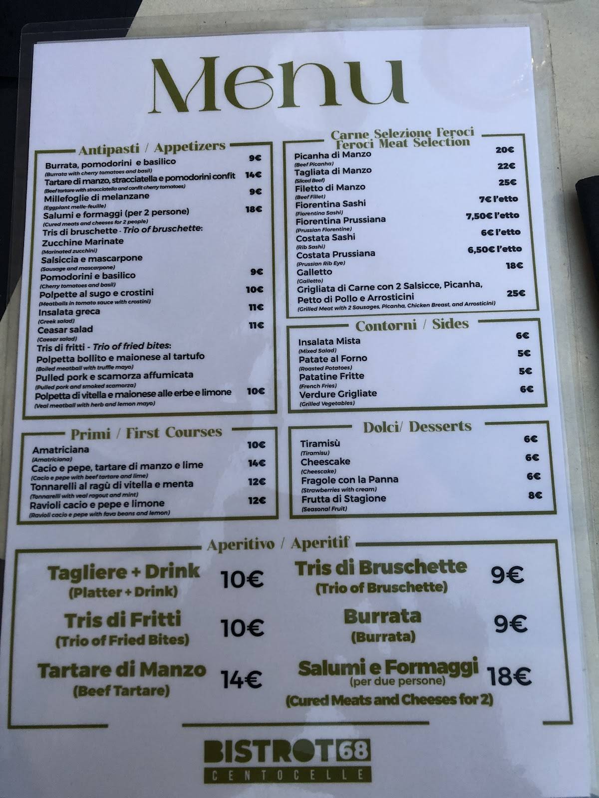 Bistrot 68 меню