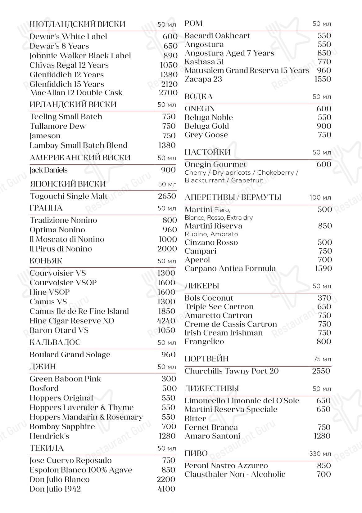 Меню ресторана Bocconcino - Dinner Menu