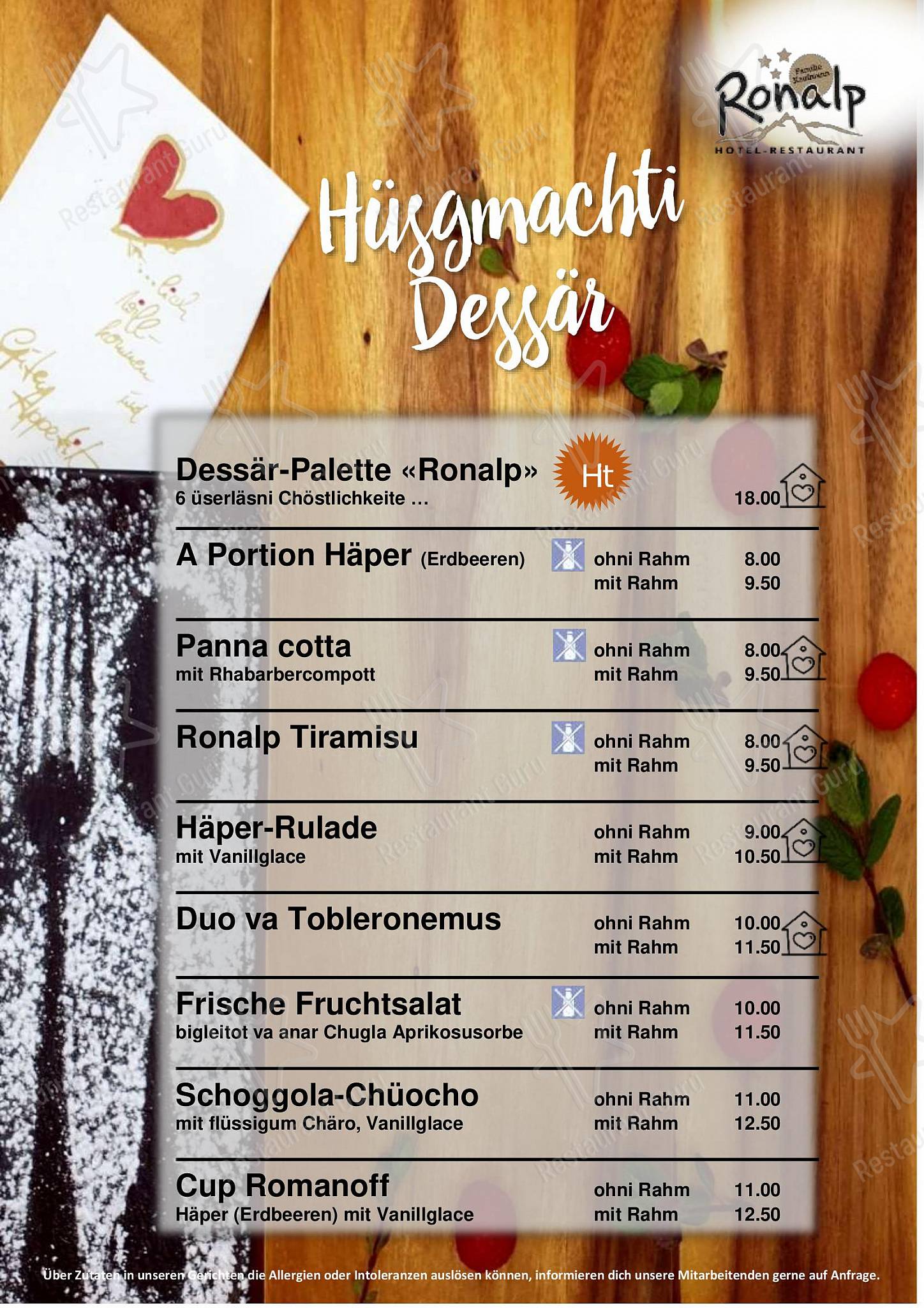 Wine Menu ресторана Restaurant Ronalp в Бюрхене